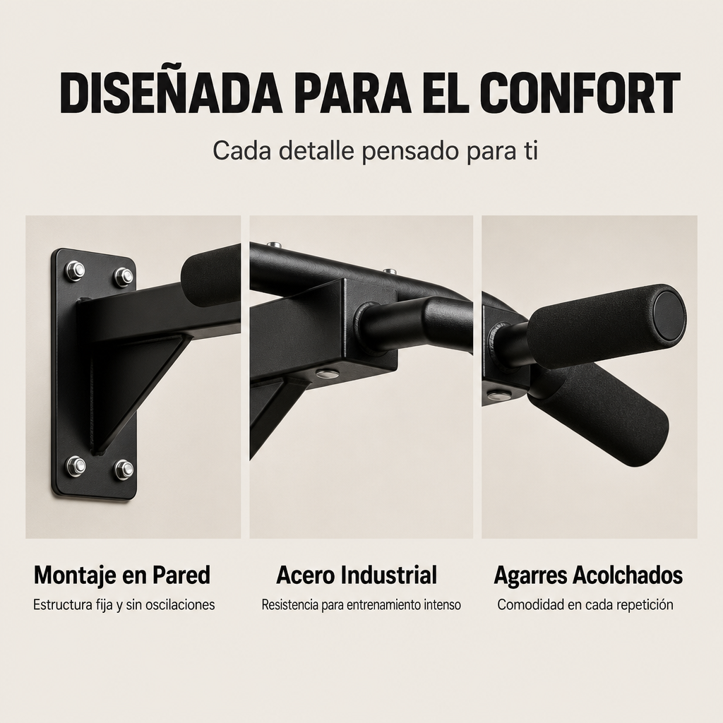 Barra de dominadas de pared de acero con agarres acolchados.