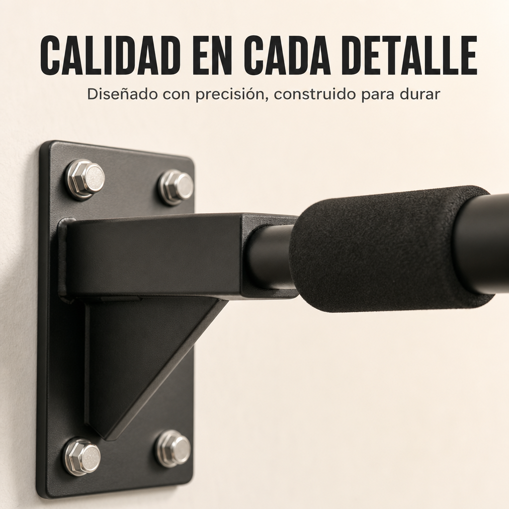 Barra de dominadas negra con agarre de espuma, montada en pared con pernos.