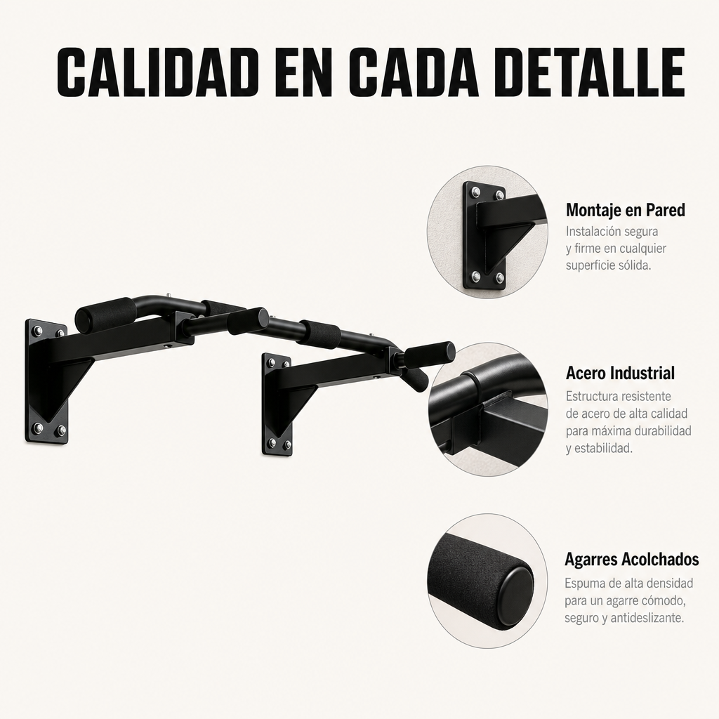 Barra de dominadas negra con agarres acolchados, montaje en pared y acero.