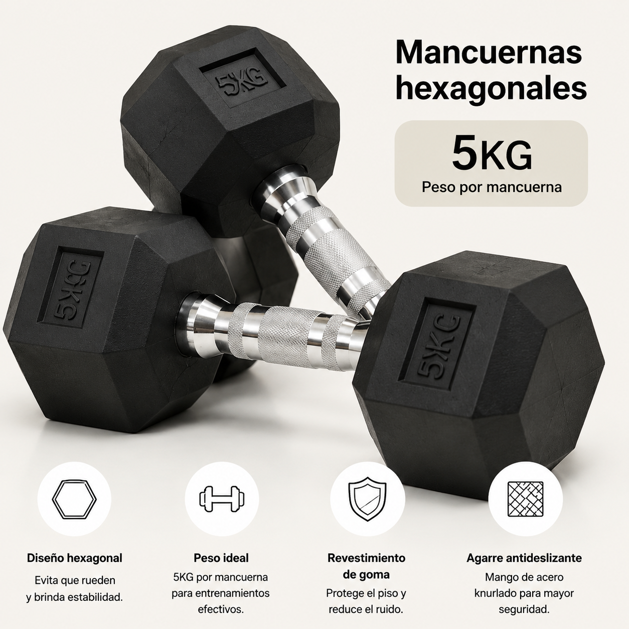 Mancuernas hexagonales negras de 5kg con mangos plateados y detalles plateados.