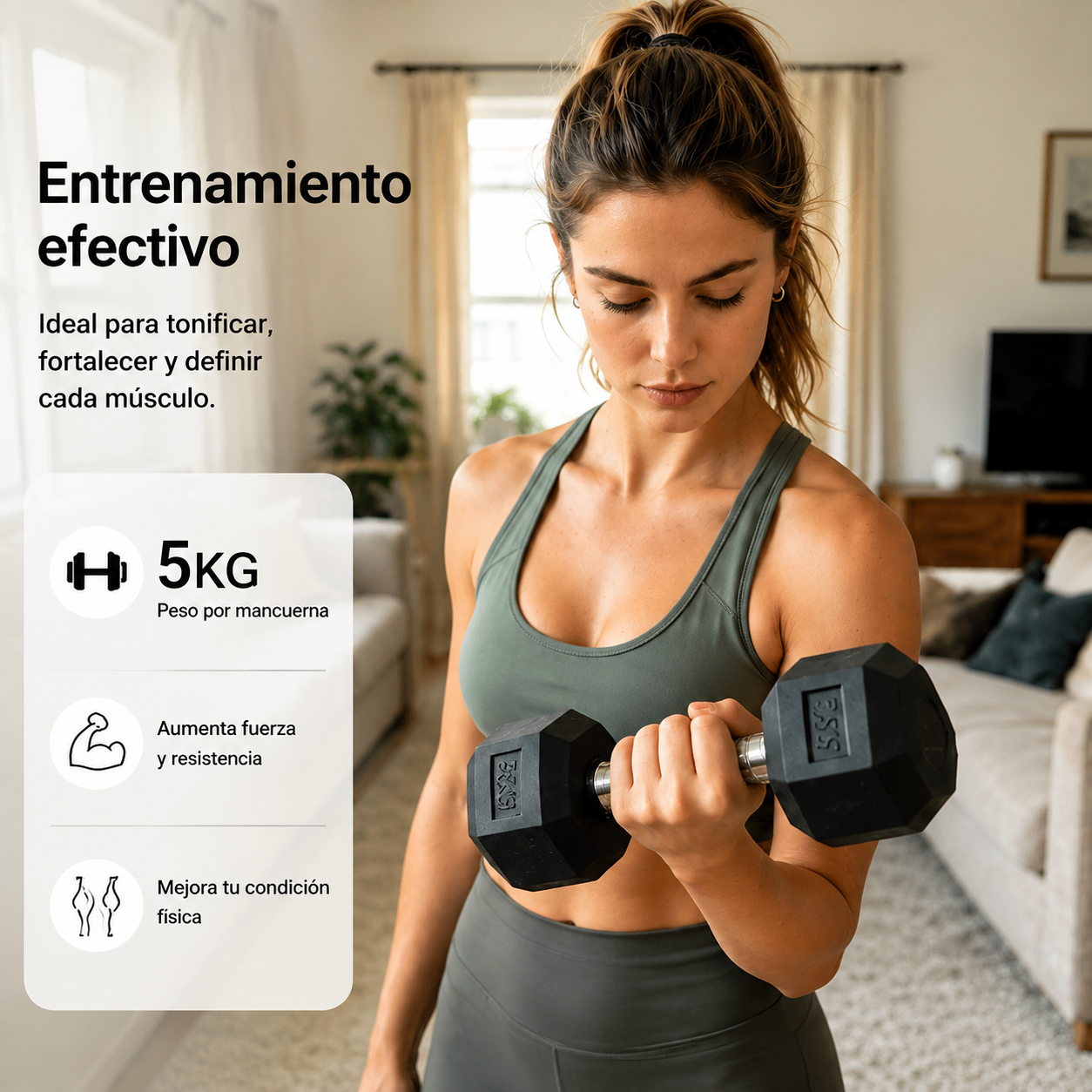 Mujer en gimnasio levantando pesa de 5kg, entrenamiento efectivo