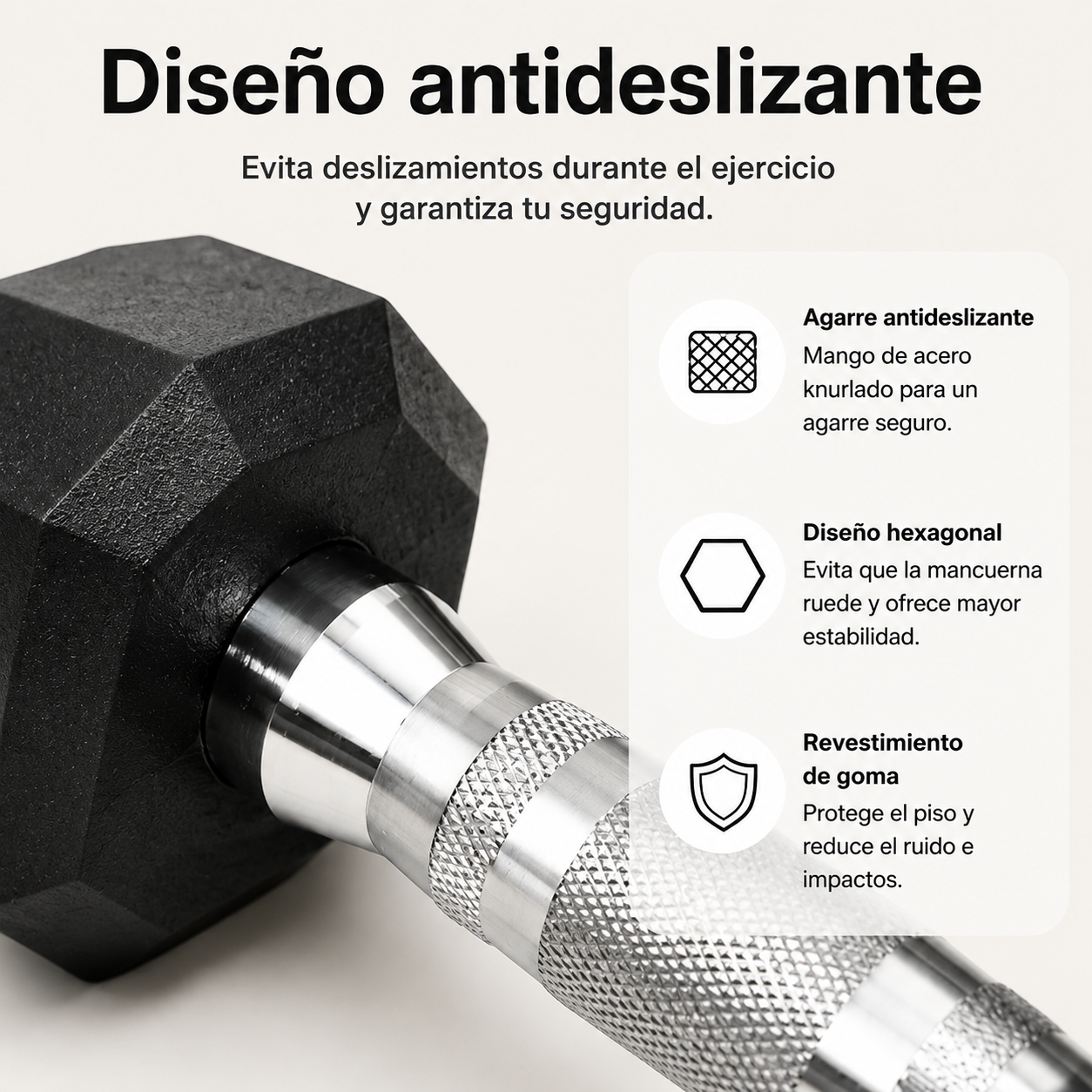 Mancuerna negra con agarre texturizado y cabeza hexagonal para estabilidad.