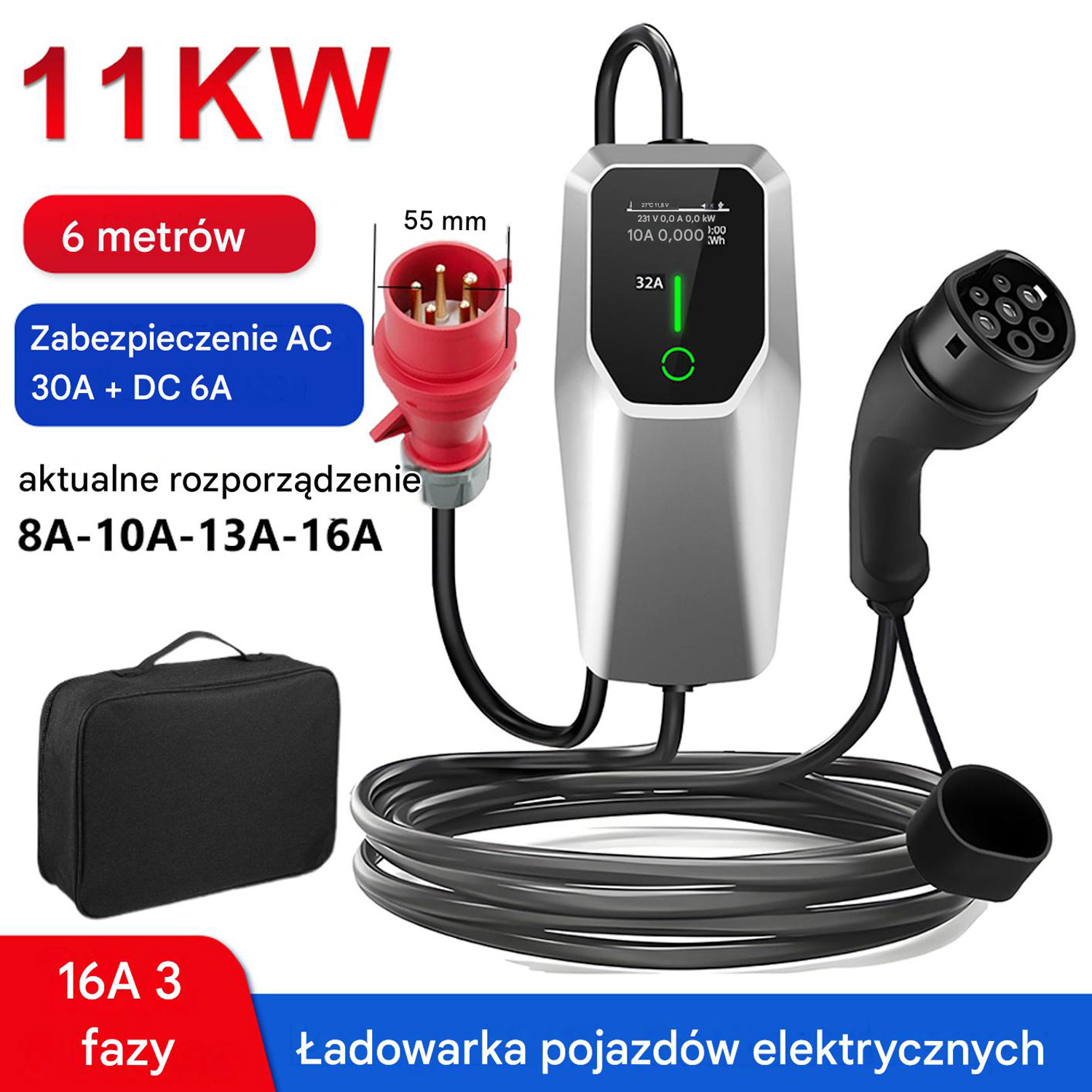 Ładowarka 11KW z kablem 6m, wtyczką, torbą i wyświetlaczem. Różne natężenia prądu.