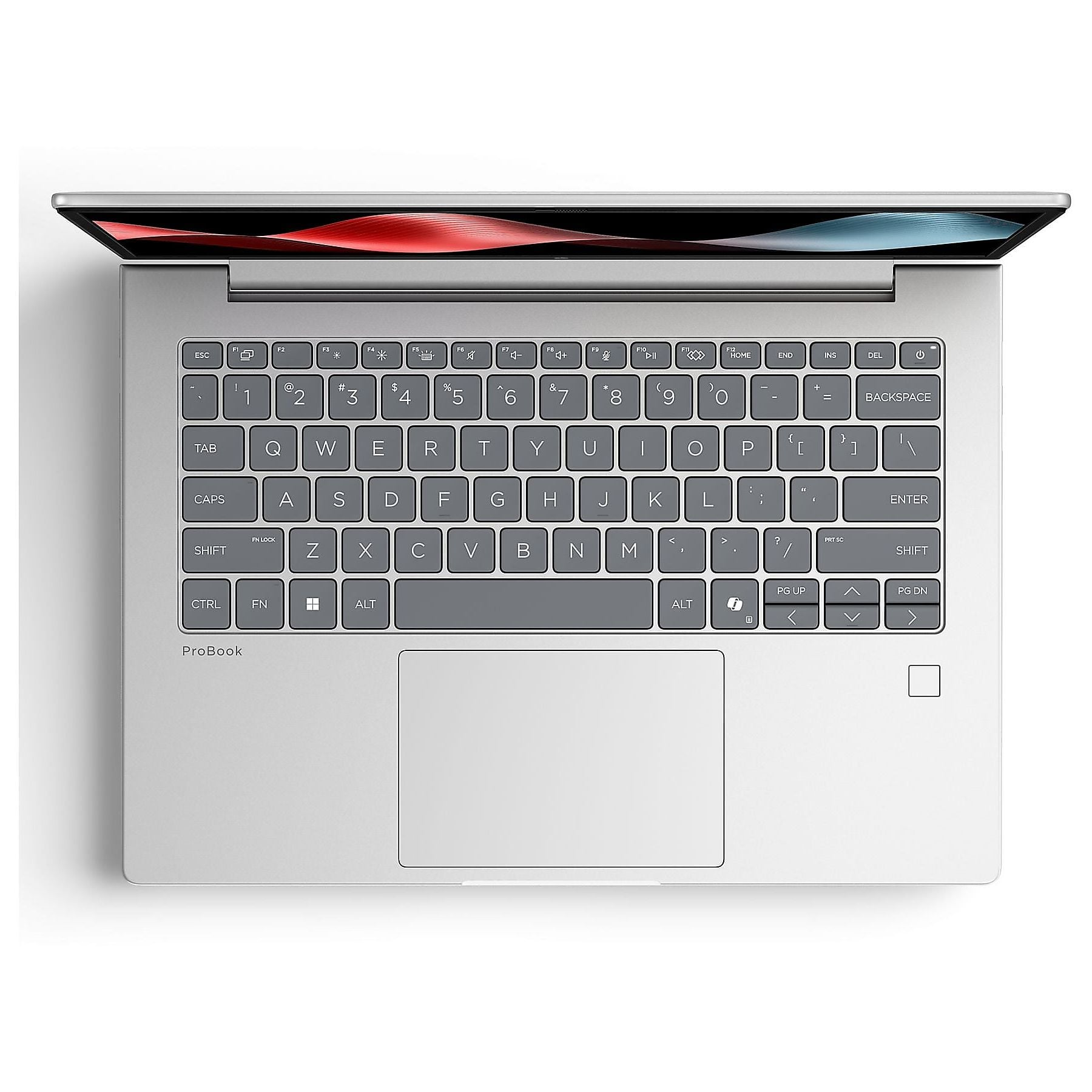Un laptop argentato con schermo, tastiera e touchpad aperti.