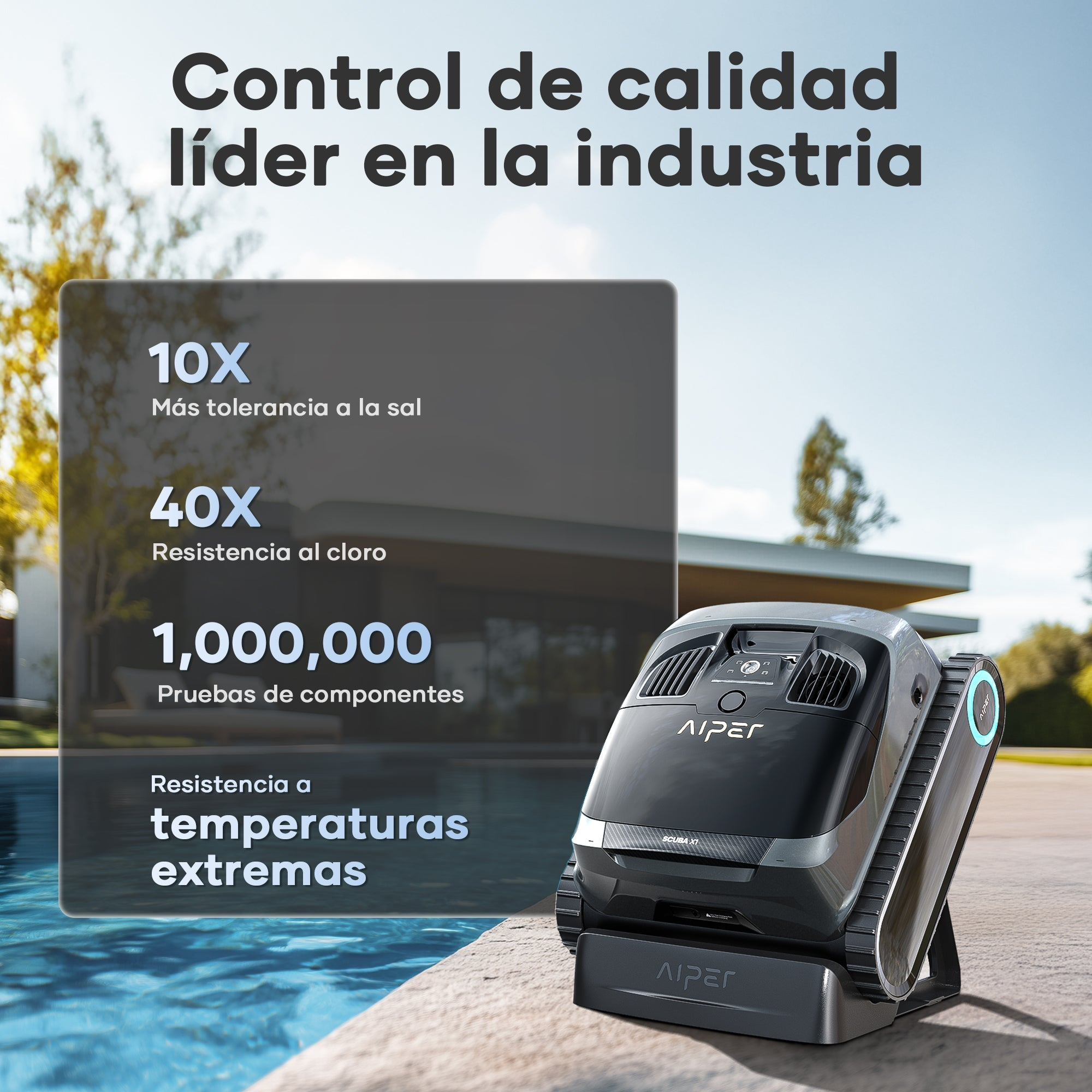 Ein schwarzer Poolreiniger mit blauen Akzenten steht am Poolrand. Text hebt Salztoleranz, Chlorempfindlichkeit, Tests & Temperaturen hervor.
