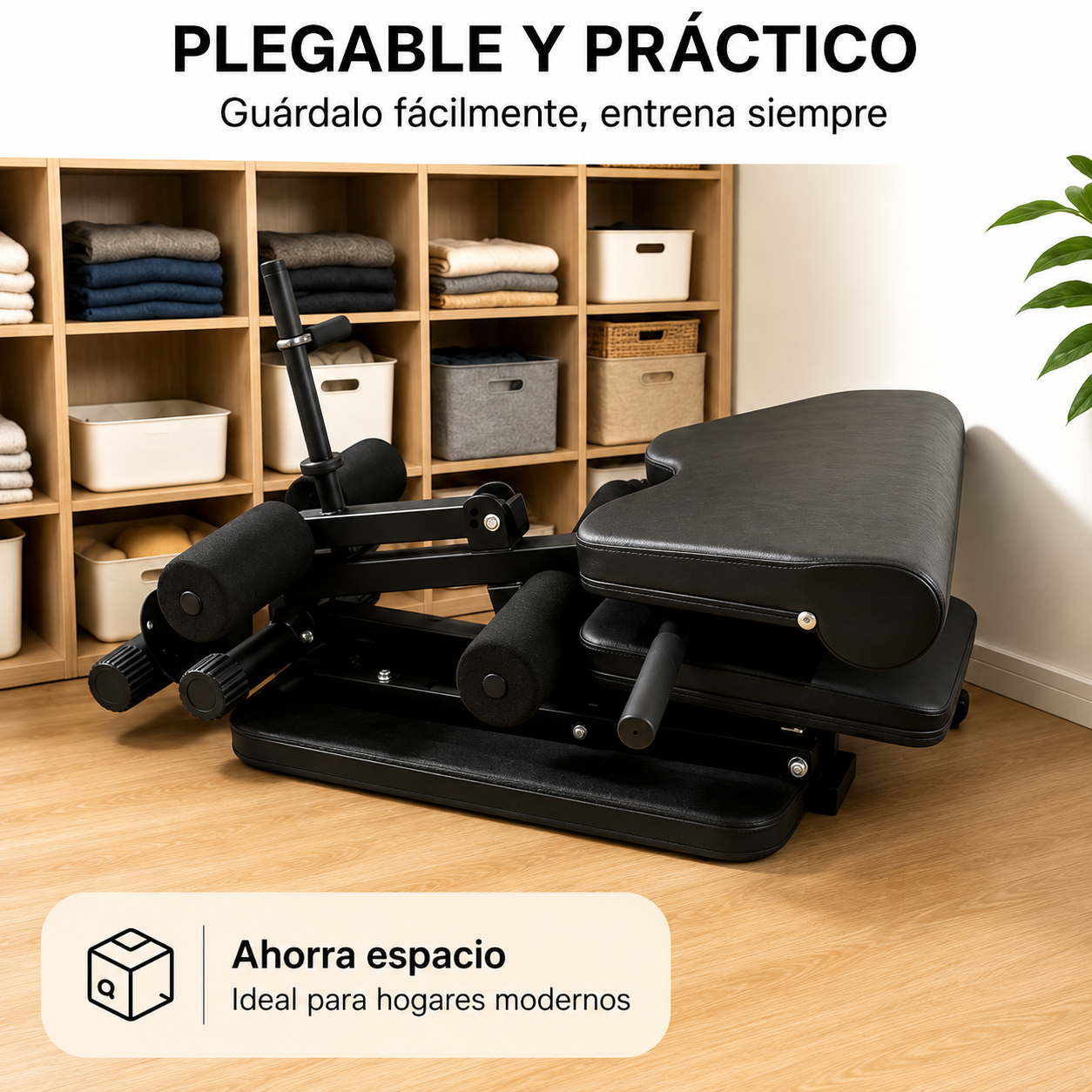 Banco de entrenamiento negro plegable con rodillos y mangos acolchados, frente a estantes con ropa y cestas.