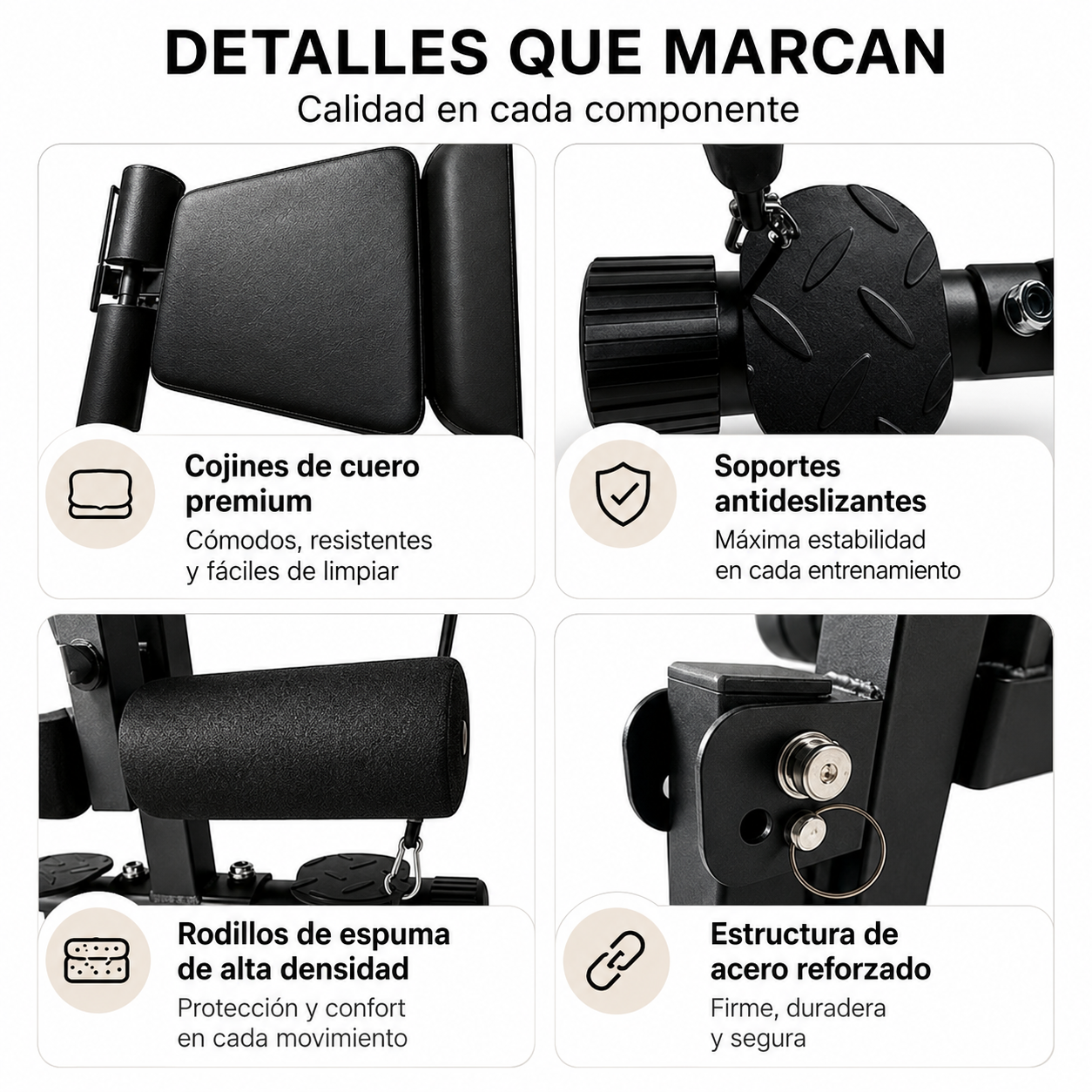 Detalles de equipo de fitness: cojines premium, soportes antideslizantes, rodillos espuma.