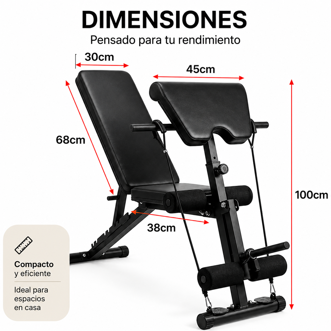 Banco de pesas negro con dimensiones 68x30x45x100x38cm. Compacto y eficiente.
