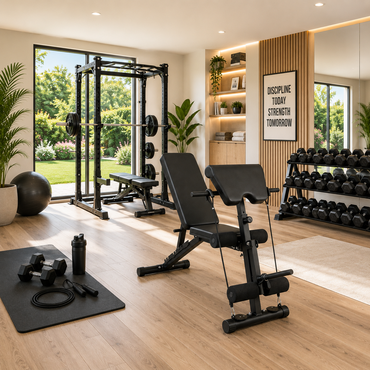 Un gimnasio en casa con pesas, banco, rack de potencia y máquina de ejercicios.