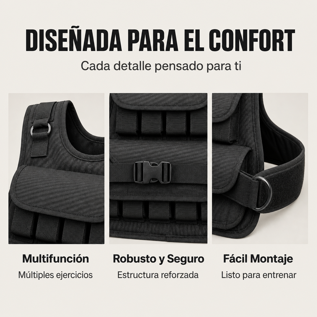 Detalle de chaleco de peso negro con hebillas y correas.