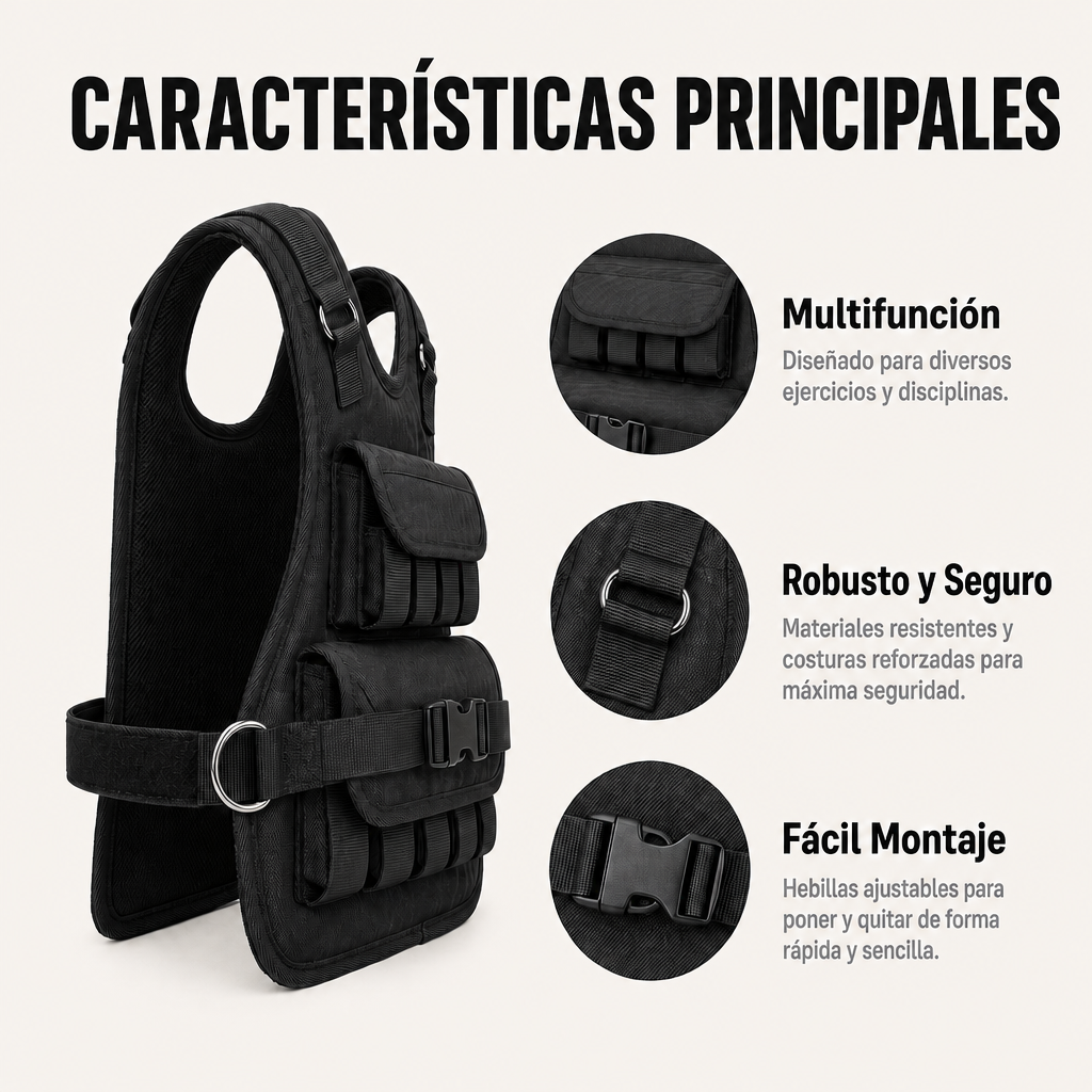 Chaleco negro con bolsillos y hebillas, mostrando multifuncionalidad, robustez y fácil montaje.