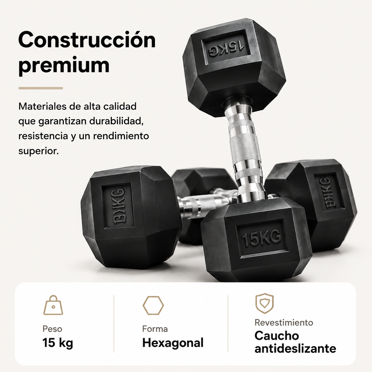 Mancuernas negras de 15 kg con mangos plateados sobre fondo blanco.