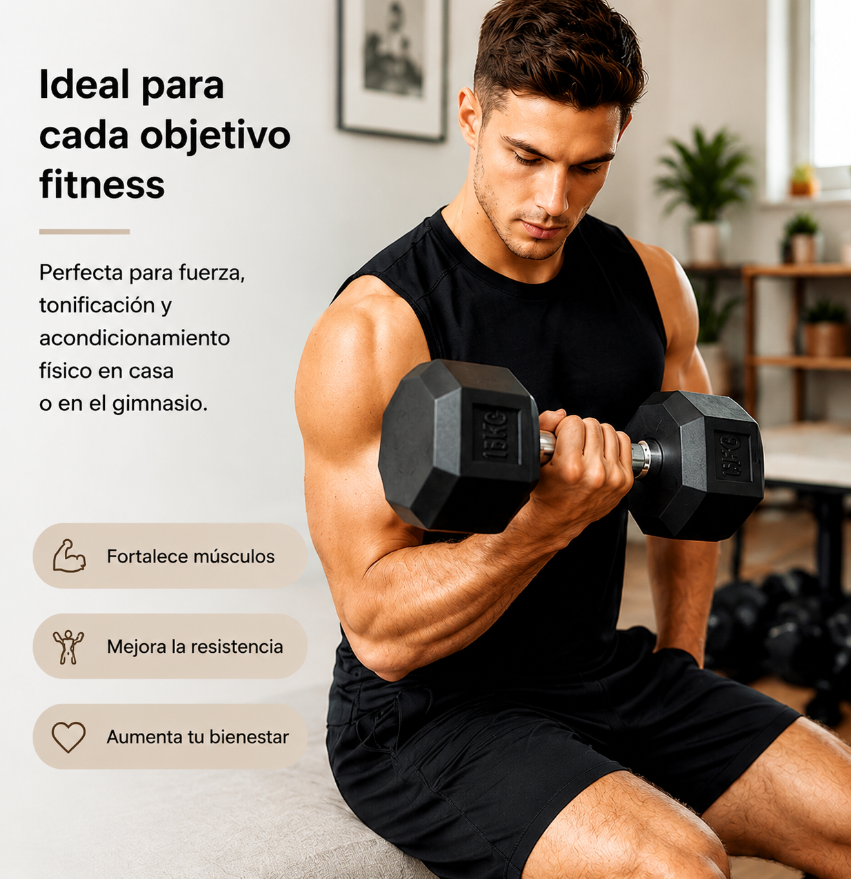 Un hombre levanta una pesa de 15 kg. El texto destaca beneficios como fuerza y resistencia.
