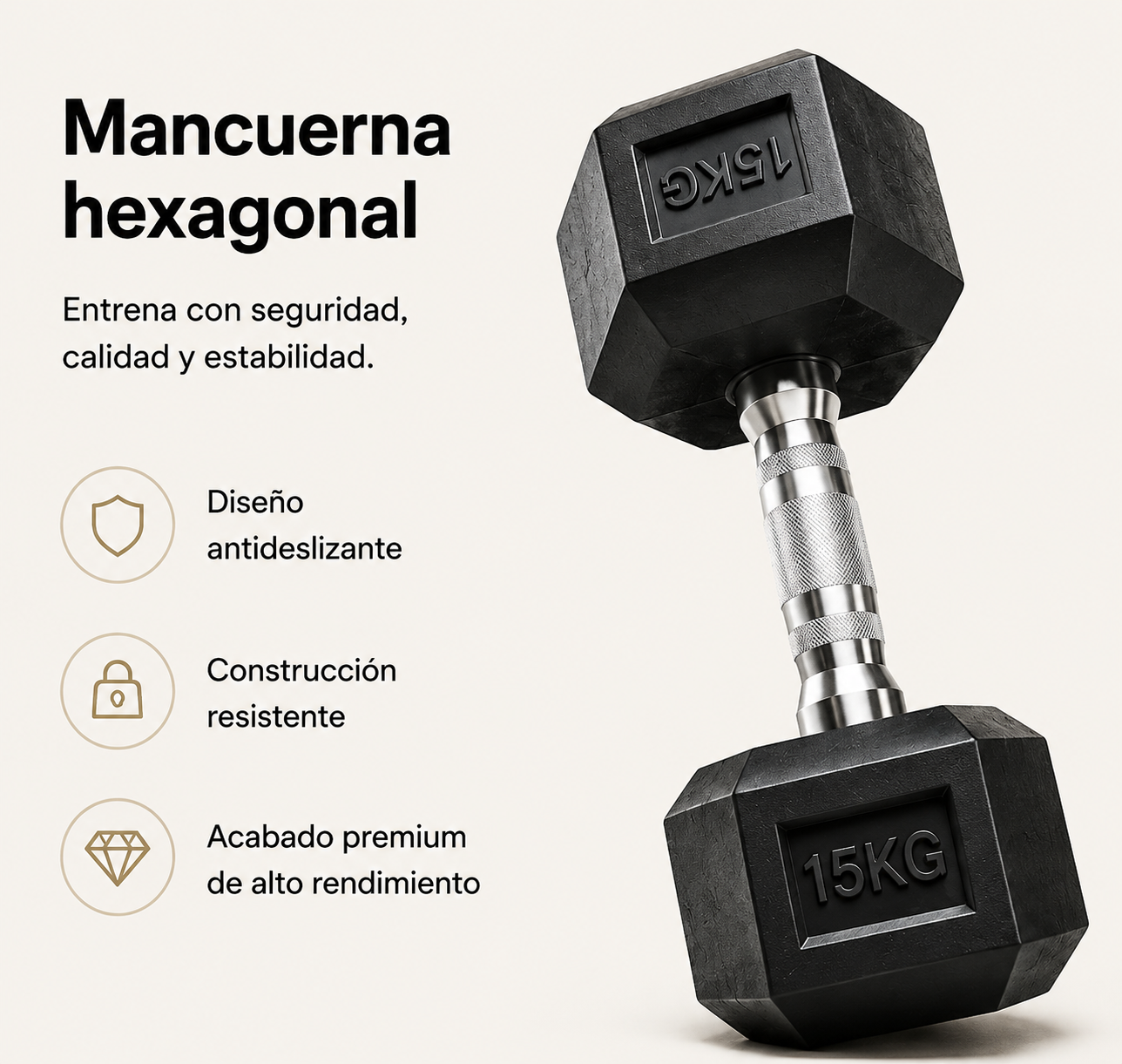 Una mancuerna hexagonal negra de 15 kg con agarre plateado.