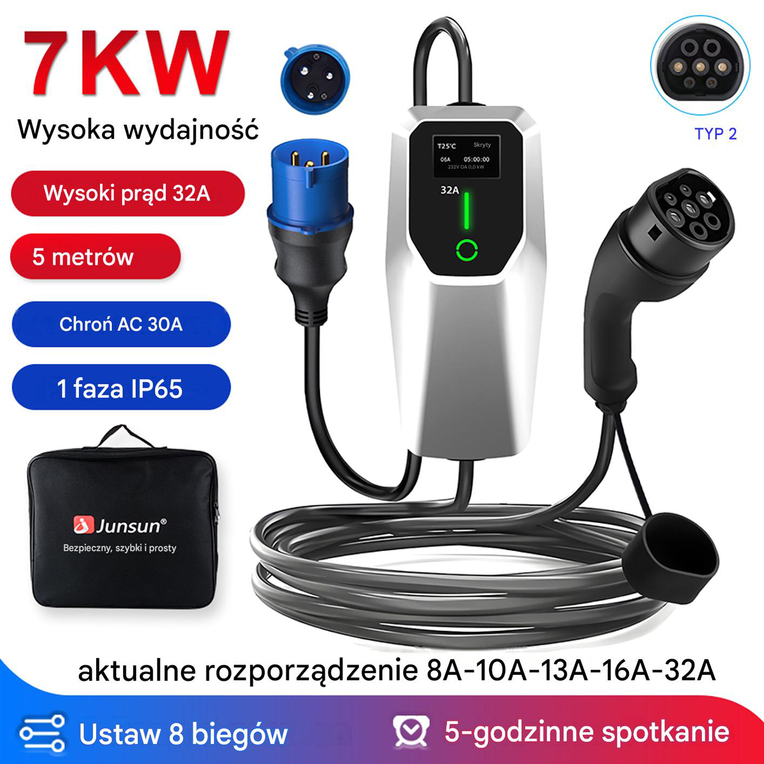 Kabel do ładowania EV 7KW z wtyczką Typu 2, 5m, 32A, IP65, torba Junsun.