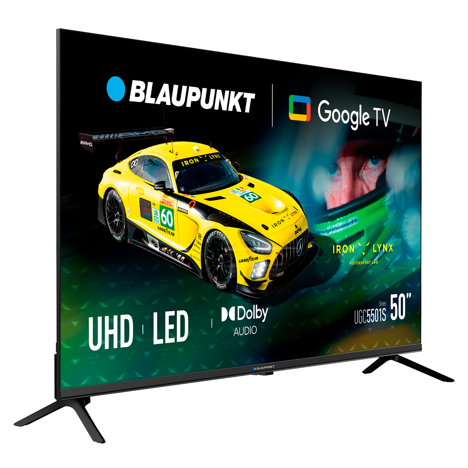 Un coche de carreras amarillo con el número 60 en una pantalla de televisión que muestra Google TV.