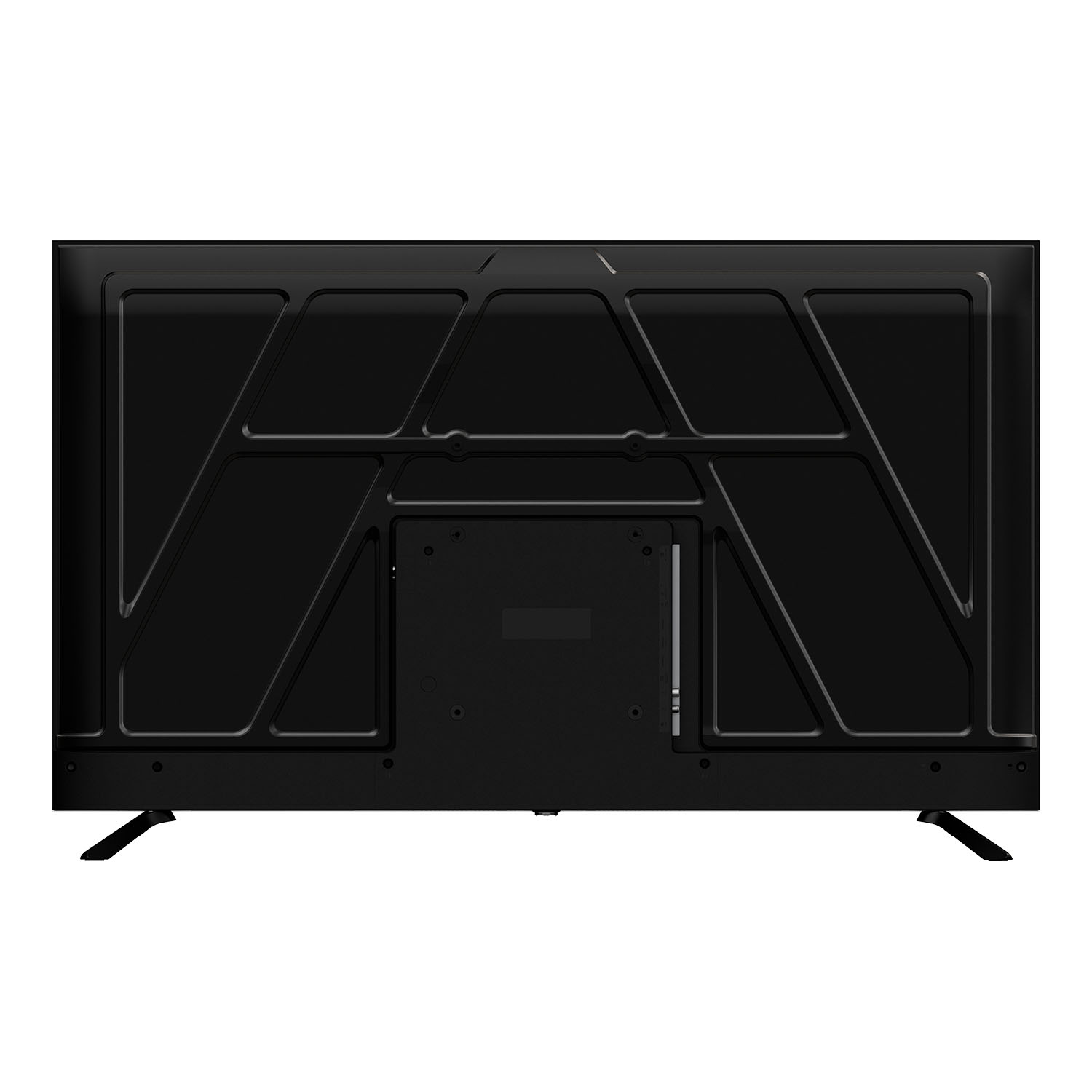 Parte trasera de un televisor negro con dos soportes y superficie texturizada.