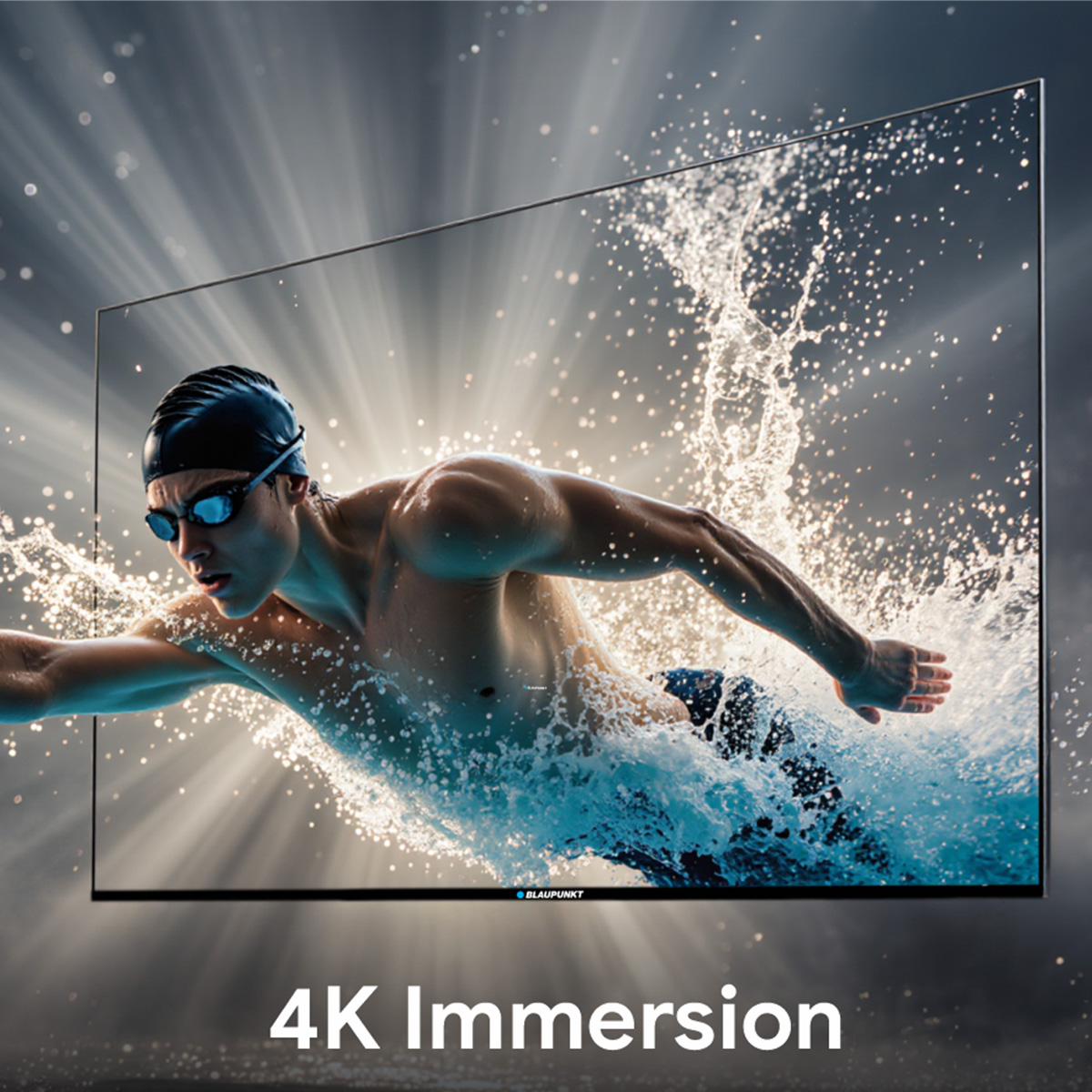 Un nadador en una carrera, con agua salpicando, mostrado en una pantalla 4K.