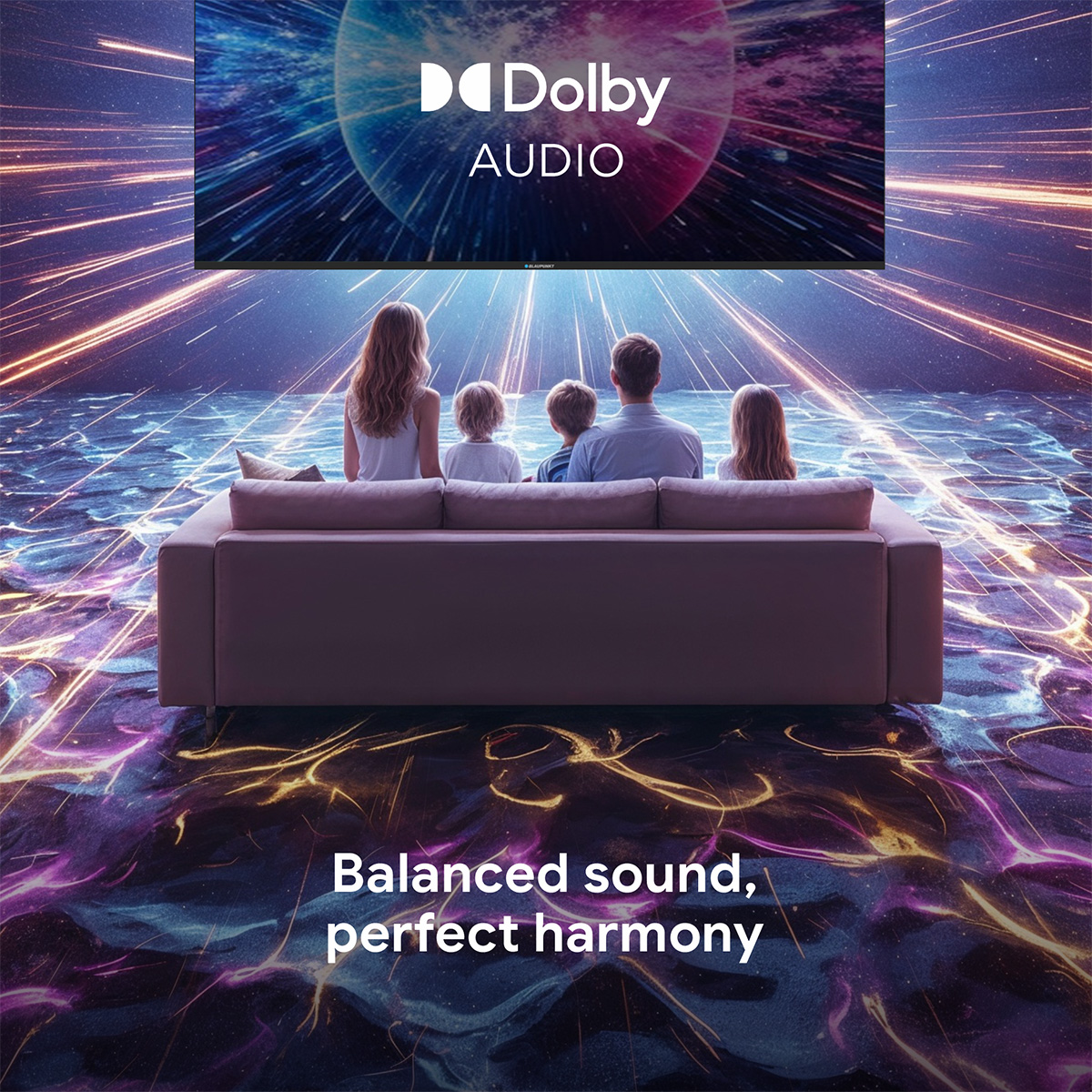 Familia ve TV con logo Dolby Audio en fondo surrealista y brillante.
