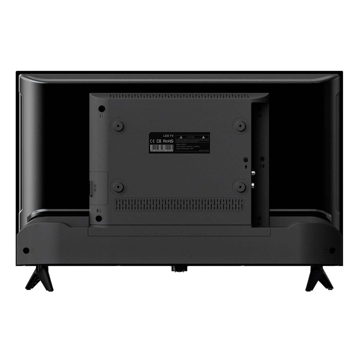 Parte trasera de un televisor LED negro con puertos y etiquetas.