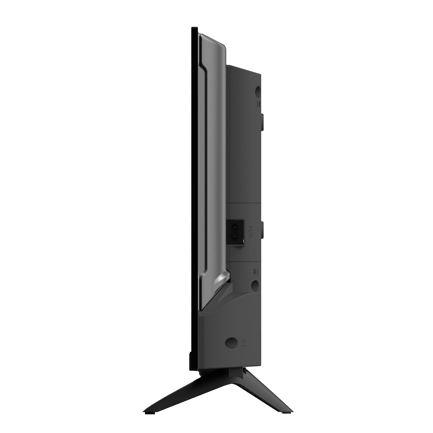 Vista lateral de un elegante televisor negro con soporte.