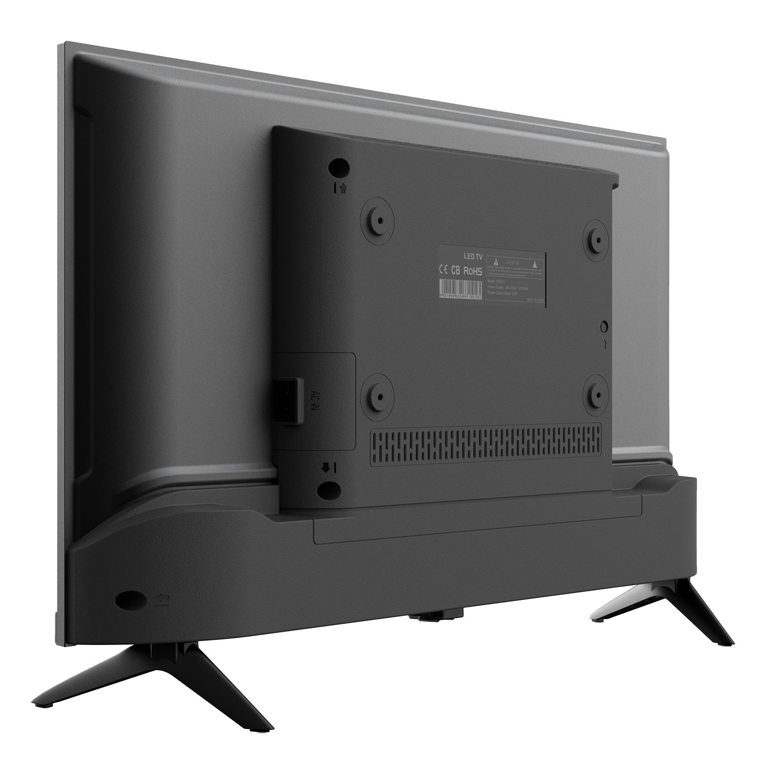 Vista posterior de un televisor LED negro con soportes, puertos y etiquetas.