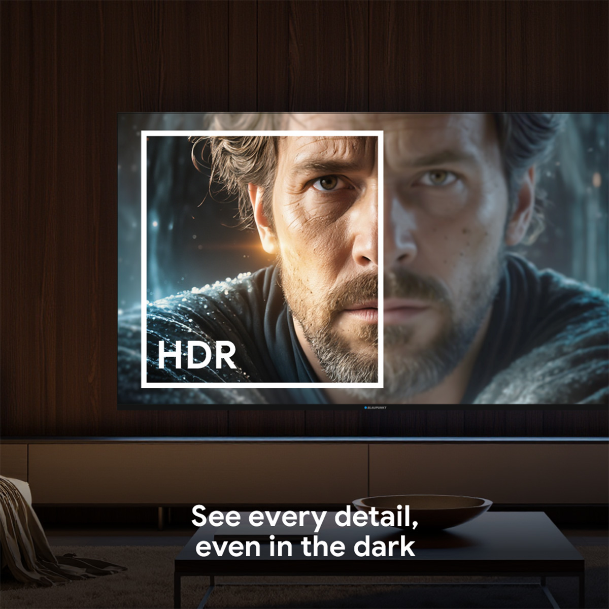 Una pantalla de TV muestra una cara con texto HDR.
