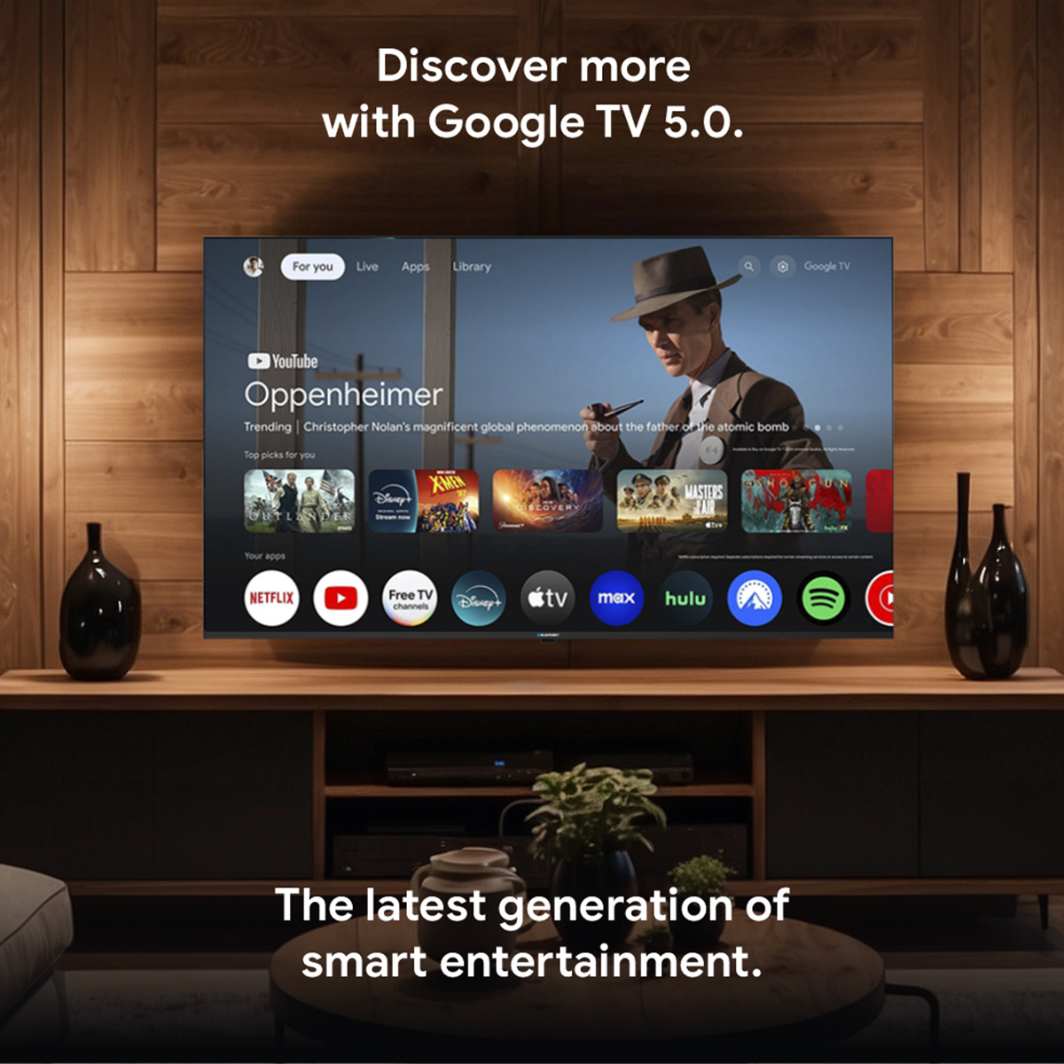 Una pantalla de Smart TV que muestra la interfaz de Google TV 5.0 con películas y apps.