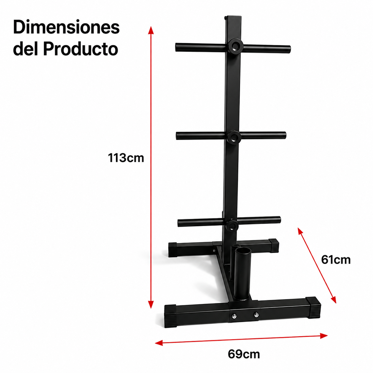Soporte negro para discos de pesas de varios niveles, 113x69x61cm.
