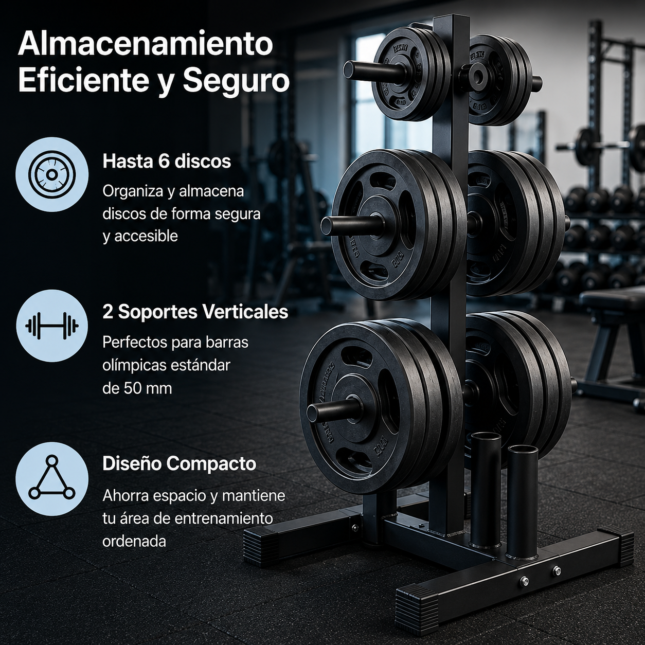 Un soporte para pesas negro con varios discos y espacio para barras.