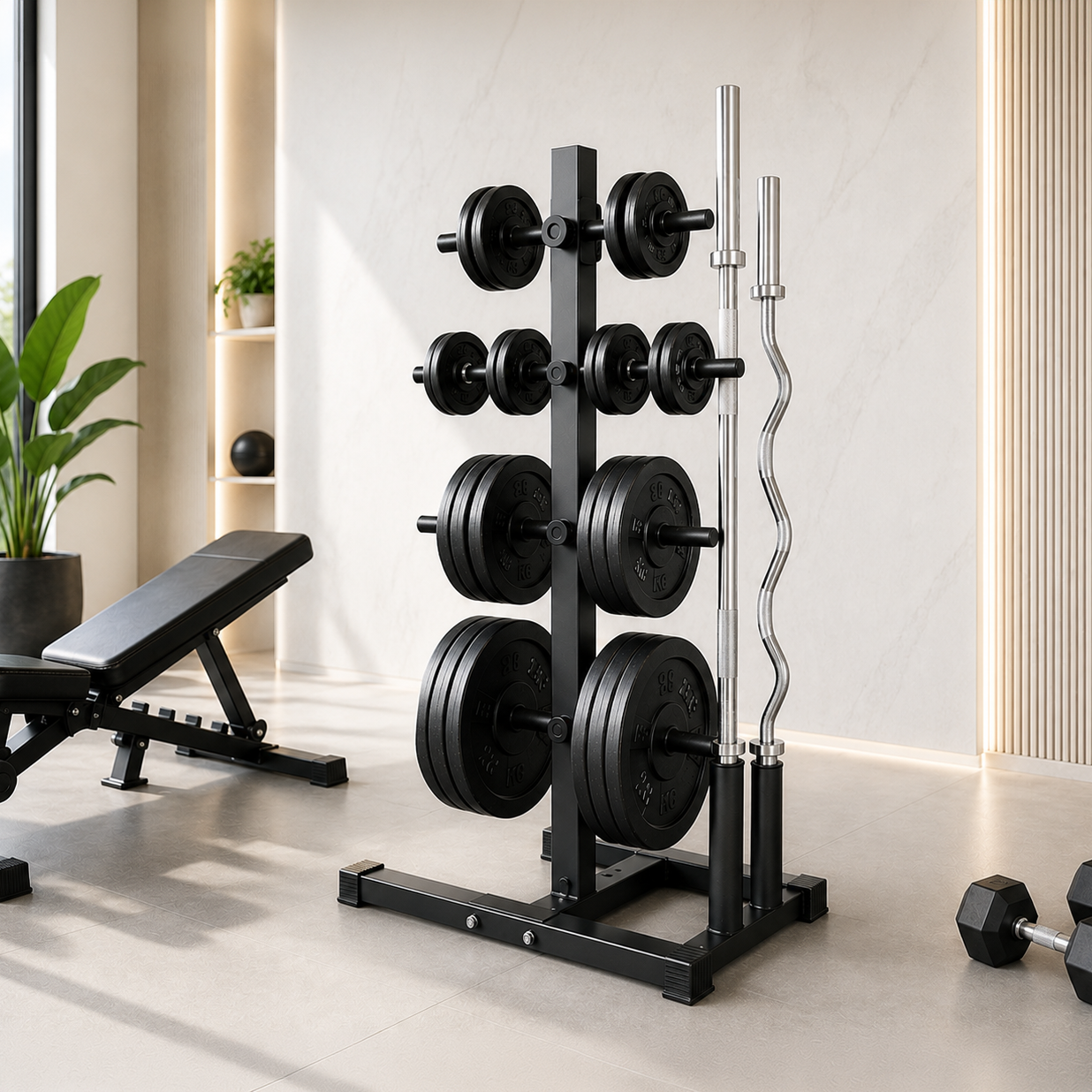 Un gimnasio con soporte para mancuernas, pesas, mancuernas, banco y plantas.