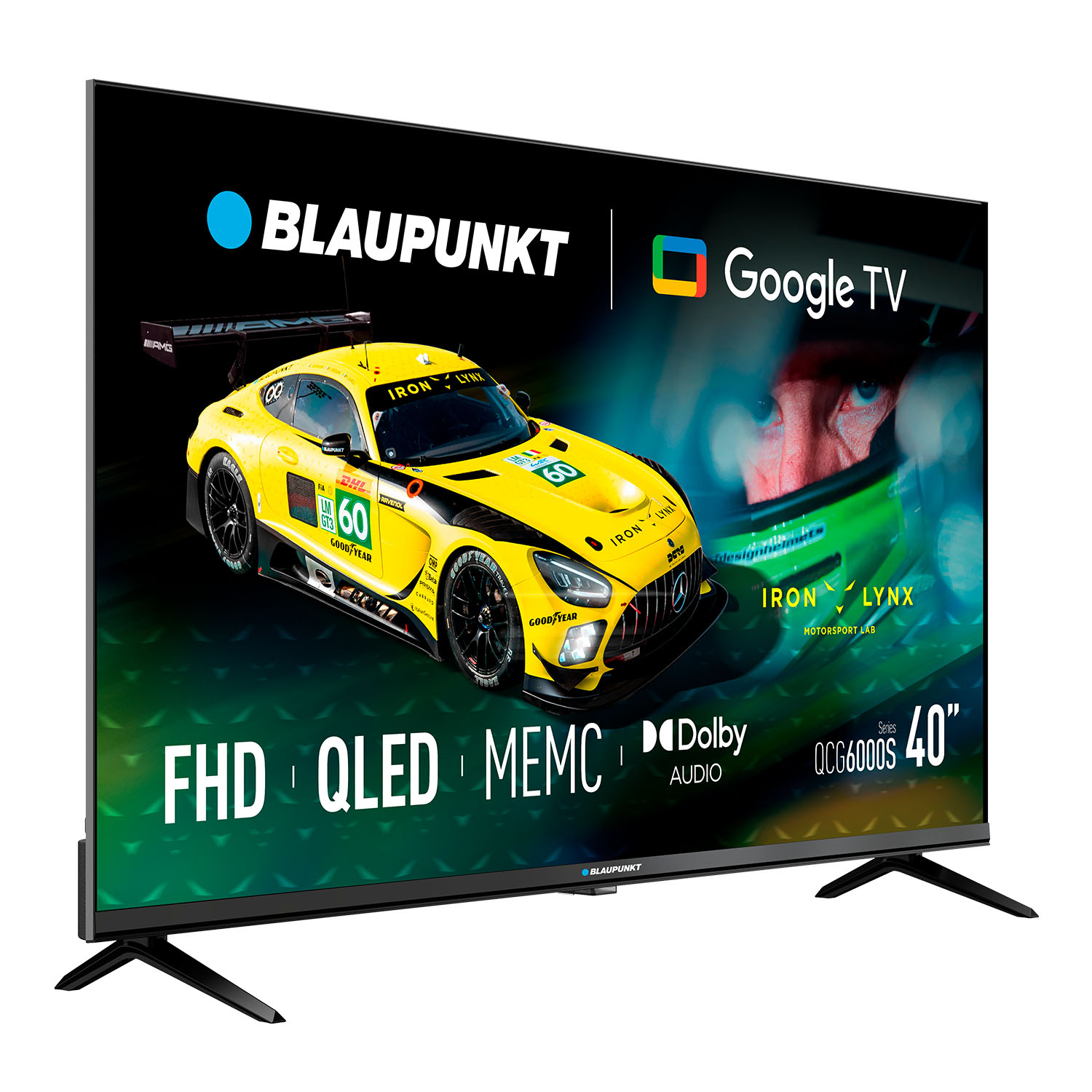 Un coche de carreras amarillo con el número 60 en una pantalla Blaupunkt Google TV.