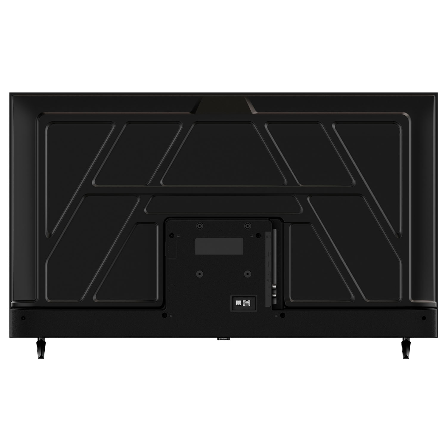 Parte trasera de un televisor negro con puertos y superficie acanalada.