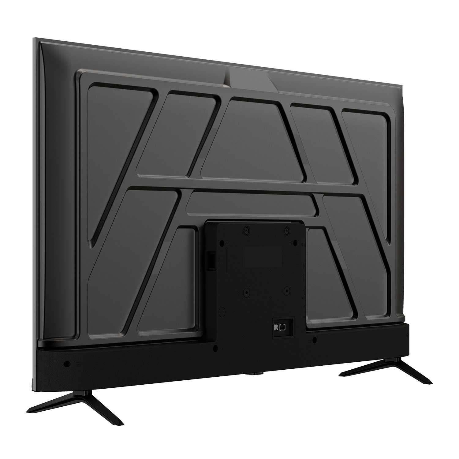 Vista trasera de un televisor negro con puertos y soporte.