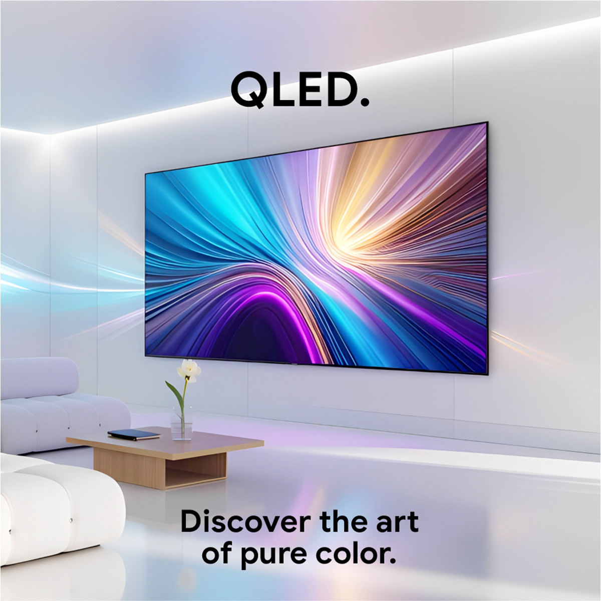 Una sala moderna con un televisor QLED que muestra una imagen abstracta vibrante.