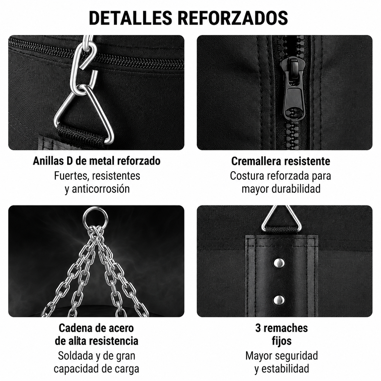 Detalles reforzados: anillas D, cremallera, cadena y remaches.