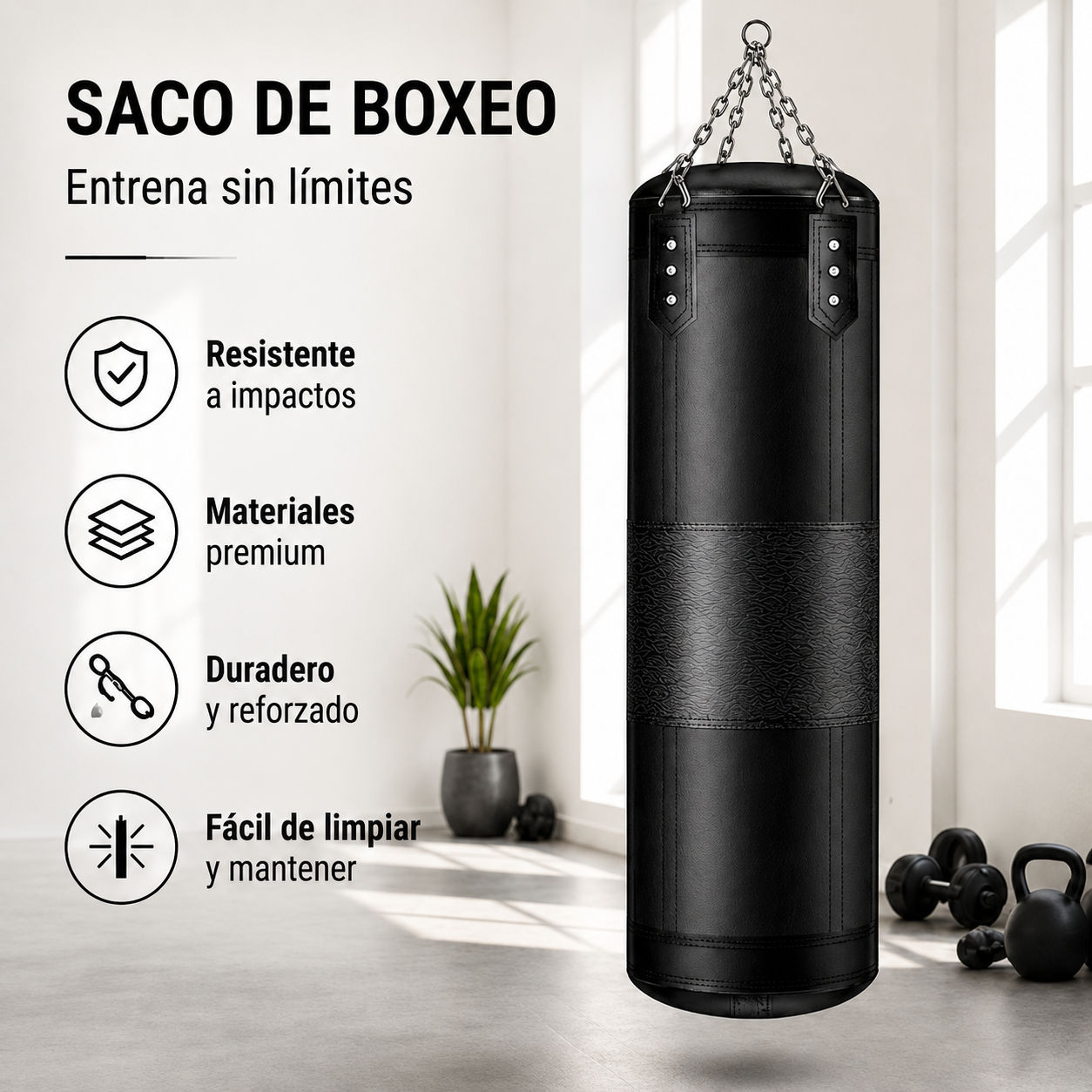 Saco de boxeo negro colgado en una habitación luminosa con pesas y plantas.
