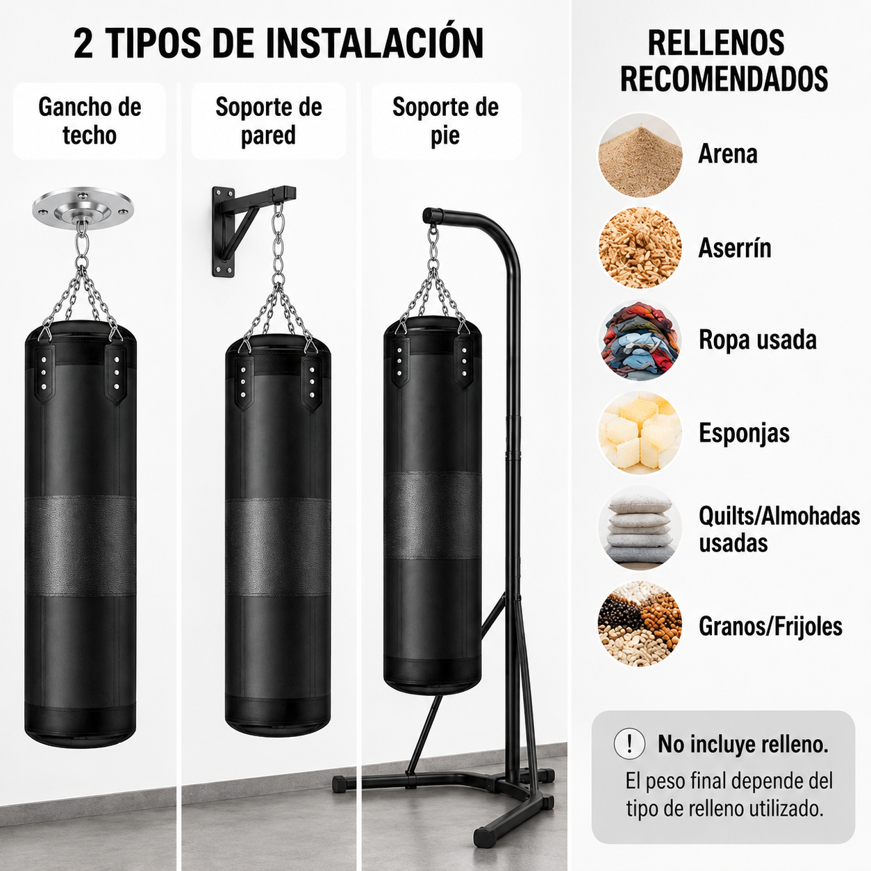 Saco de boxeo negro con tres opciones de instalación: gancho techo, pared, soporte.