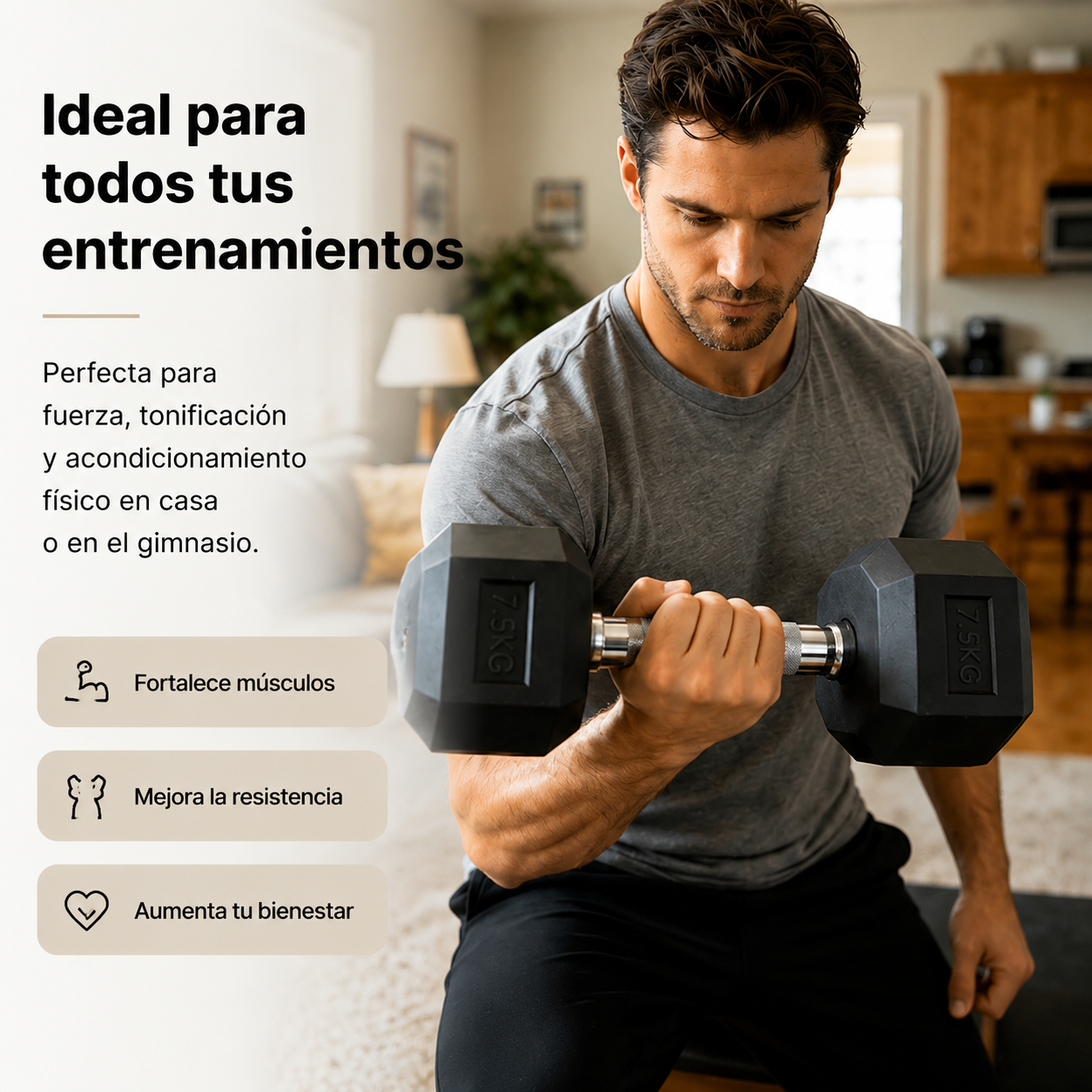 Hombre levantando mancuerna de 7,5 kg en sala. Texto promueve entrenamientos.
