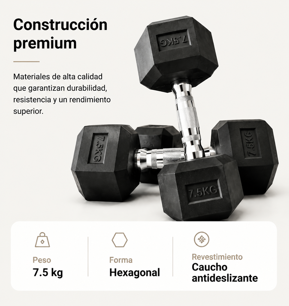 Mancuernas negras de 7.5 kg con cabezas hexagonales y mangos cromados.