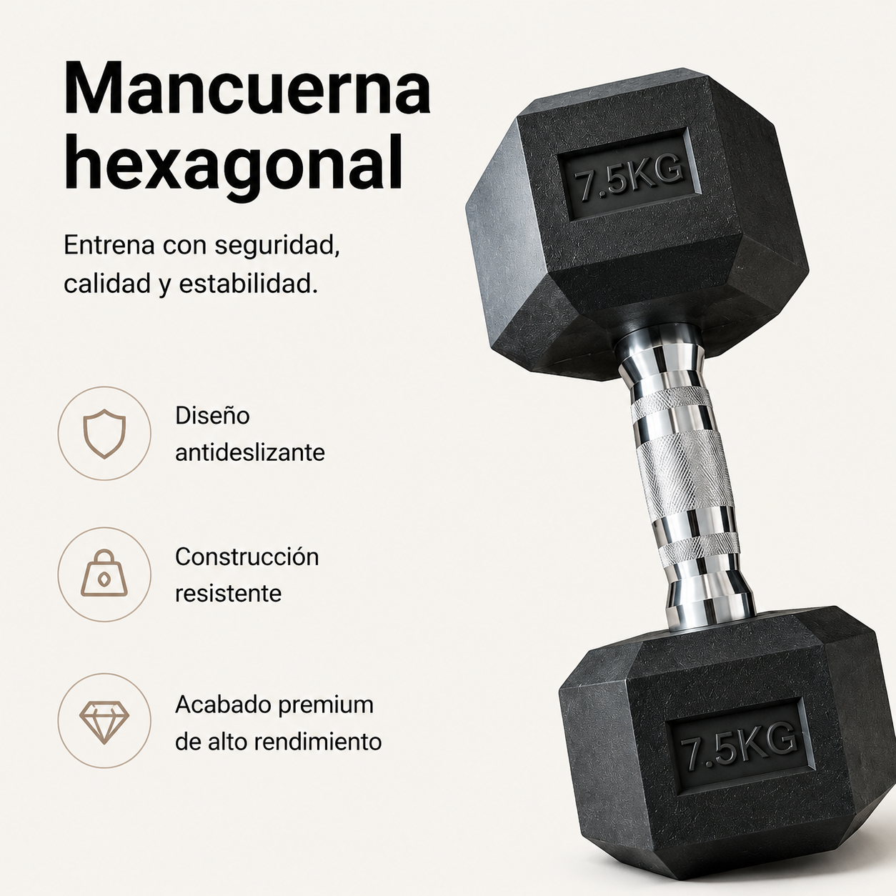 Mancuerna hexagonal negra, peso 7,5 kg, con agarre plateado.