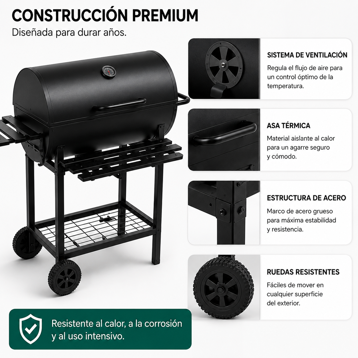 Parrilla negra con ruedas, termómetro y estantes laterales. Detalles de ventilación, asa y estructura.