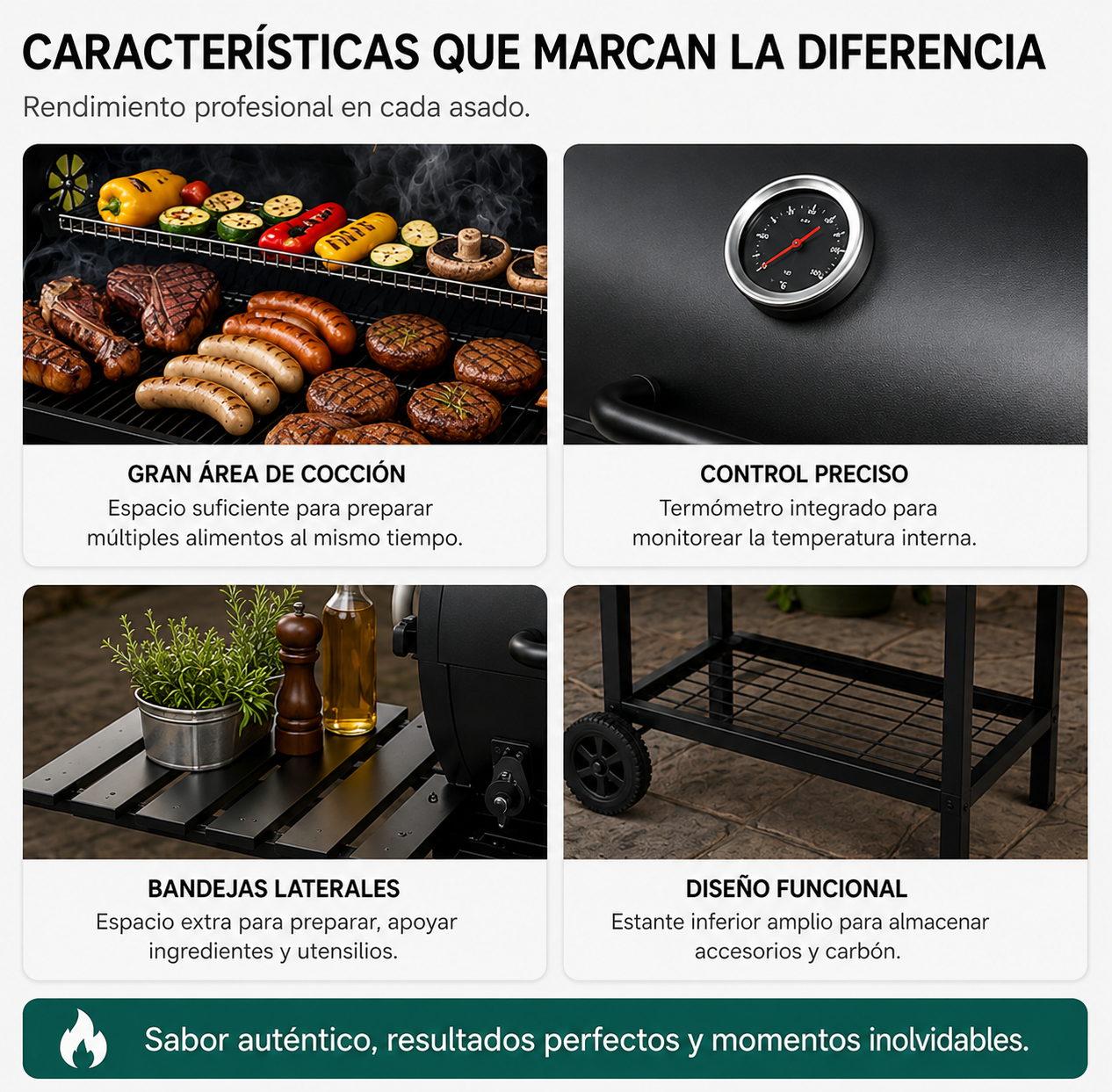 Parrilla con carnes y verduras variadas, termómetro y bandejas laterales.