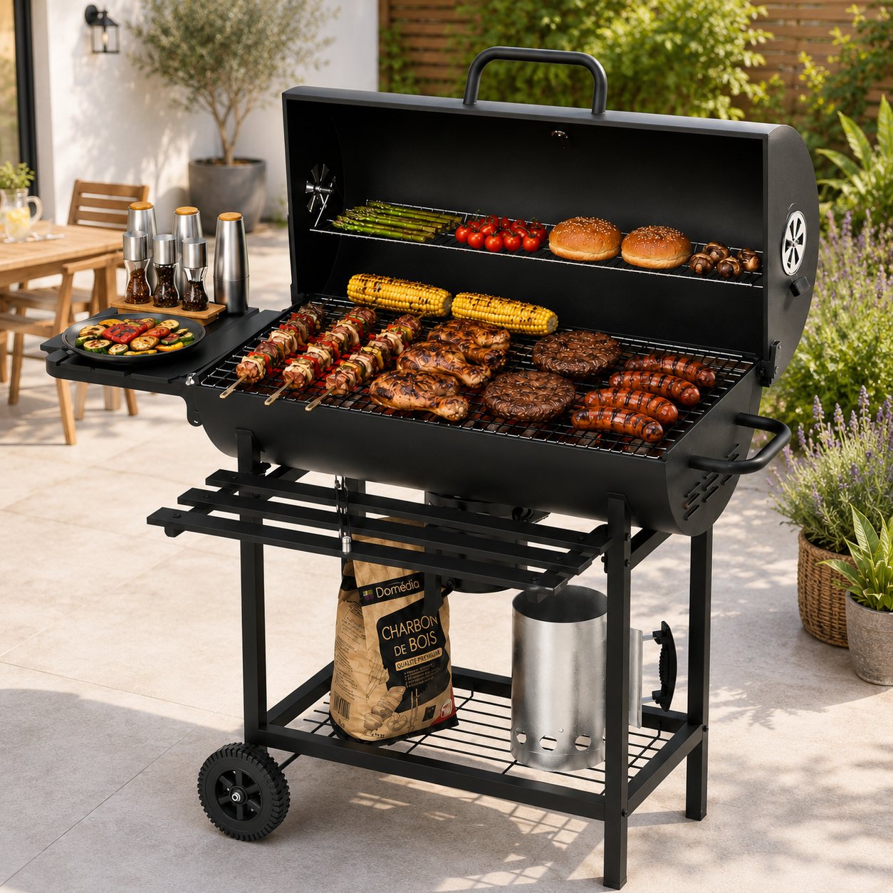 Una parrilla abierta con varias comidas, incluyendo brochetas, hamburguesas, salchichas y mazorcas de maíz.