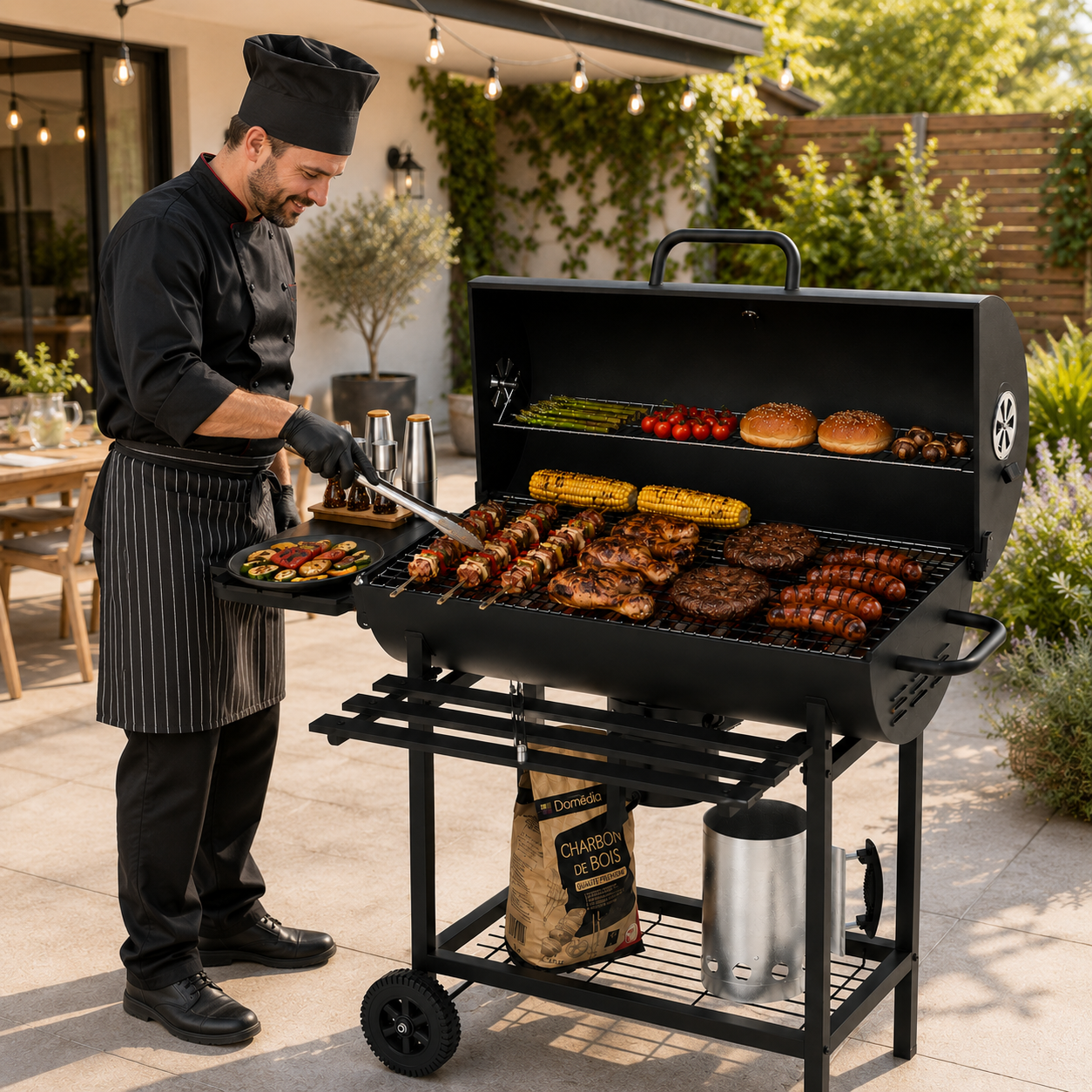 Chef asando brochetas, hamburguesas, salchichas, maíz, espárragos, tomates y pan.