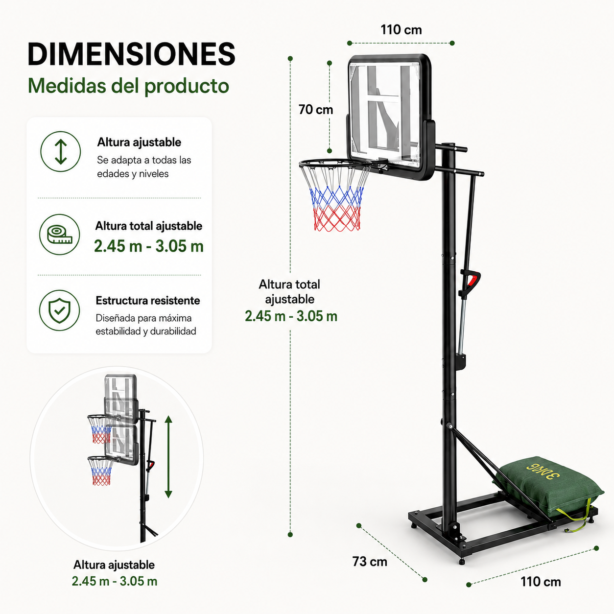 Aro de baloncesto ajustable con dimensiones: 110cm ancho, 70cm alto. Altura 2,45-3,05m.