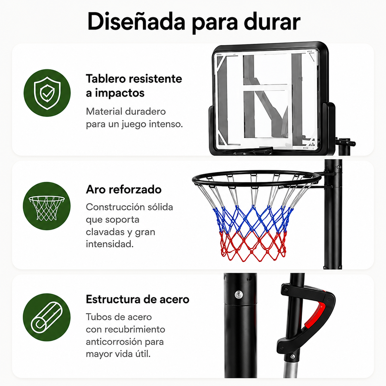 Aro de baloncesto con descripciones de tablero resistente, aro reforzado y estructura de acero.