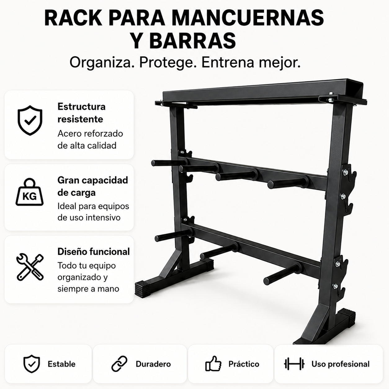 Rack negro de varios niveles para guardar mancuernas y barras.