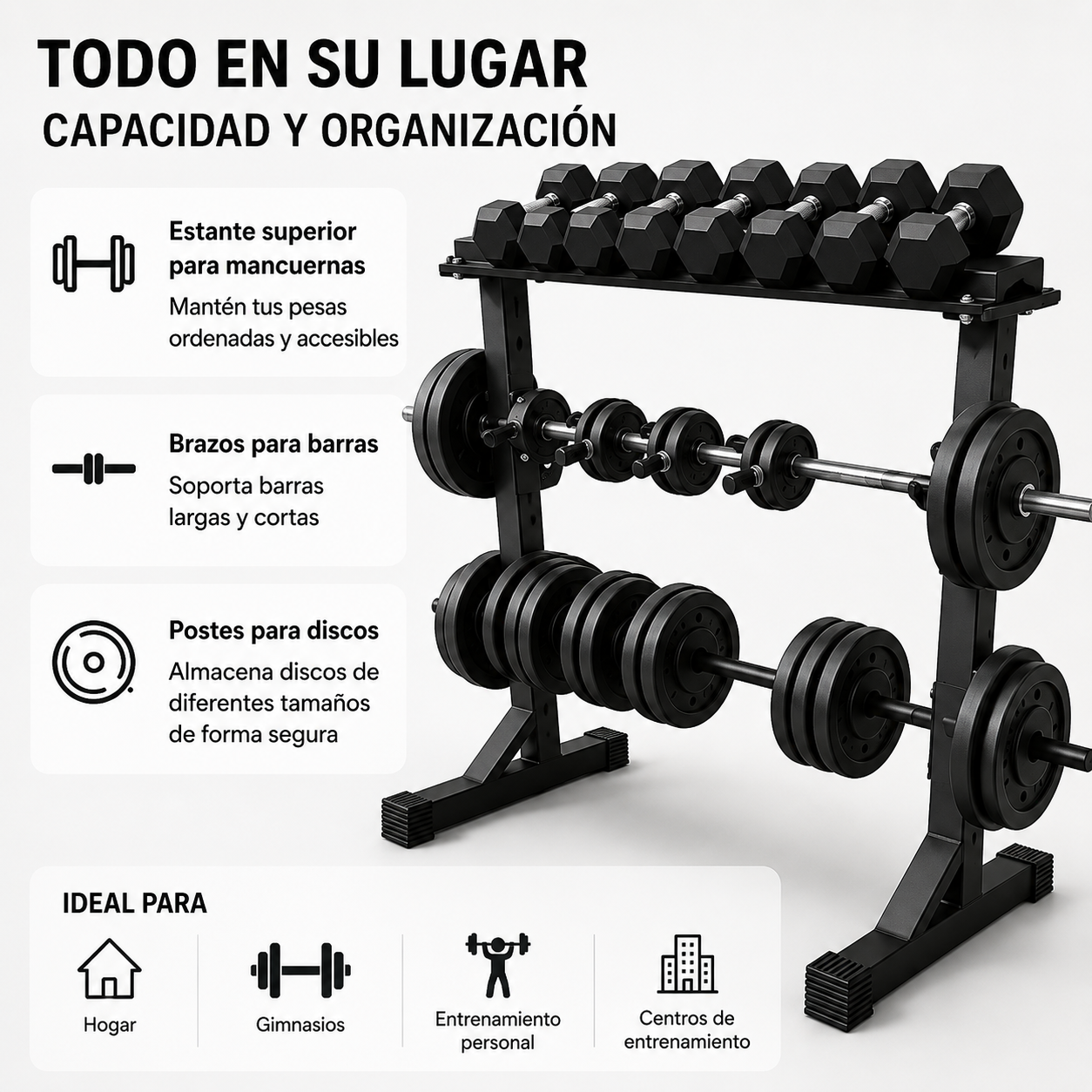 Un rack de pesas negro con mancuernas, barras y discos.