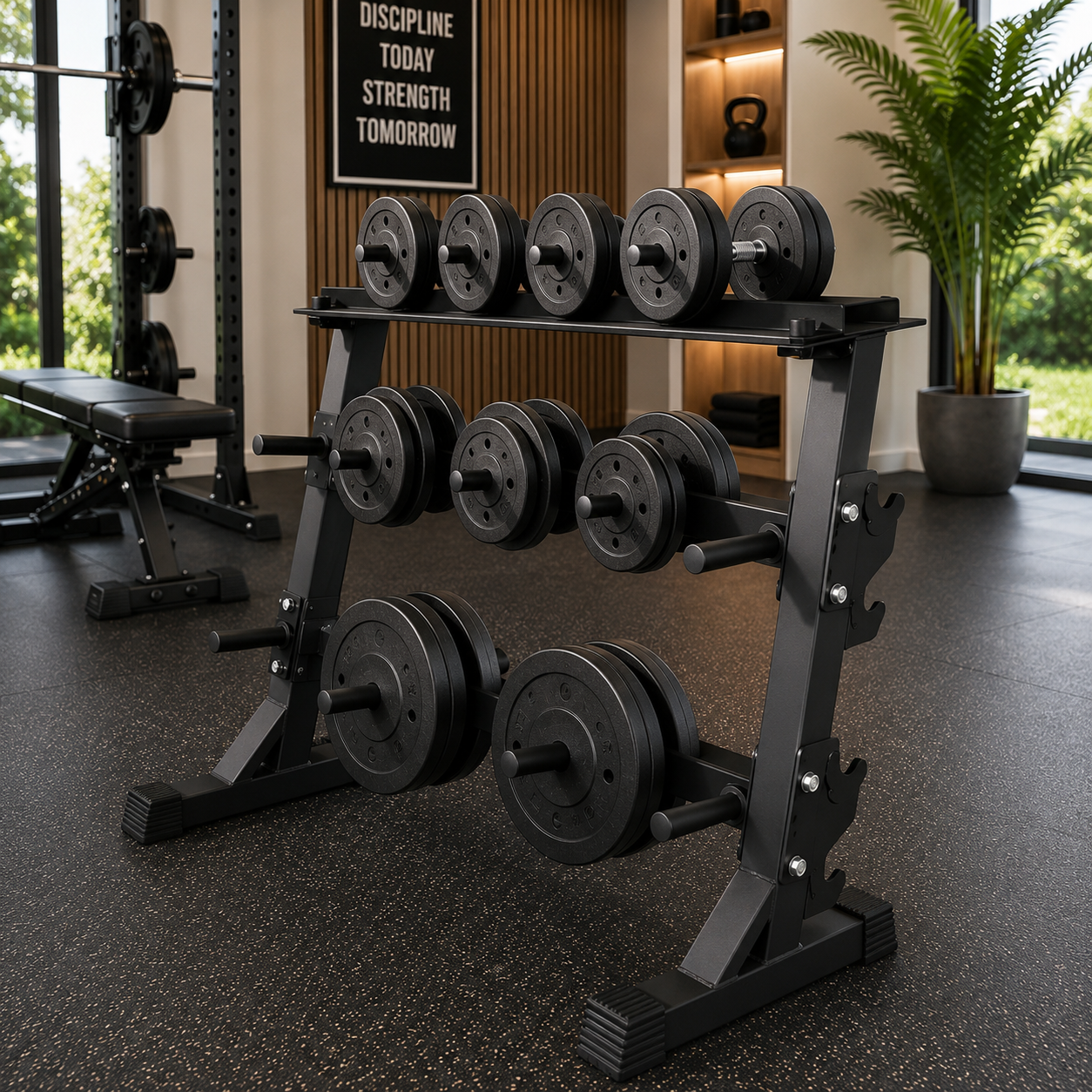 Un gimnasio con mancuernas en un estante, un banco y una barra.